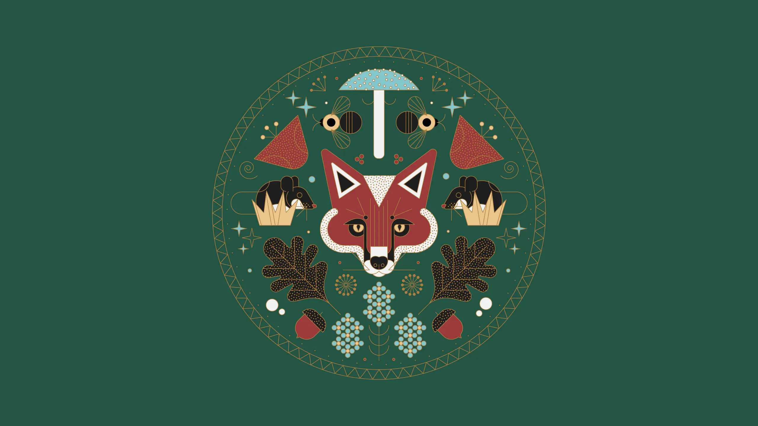 Stylized illustration featuring a fox with nature elements like mushrooms, oak leaves, and bees on a dark green background.