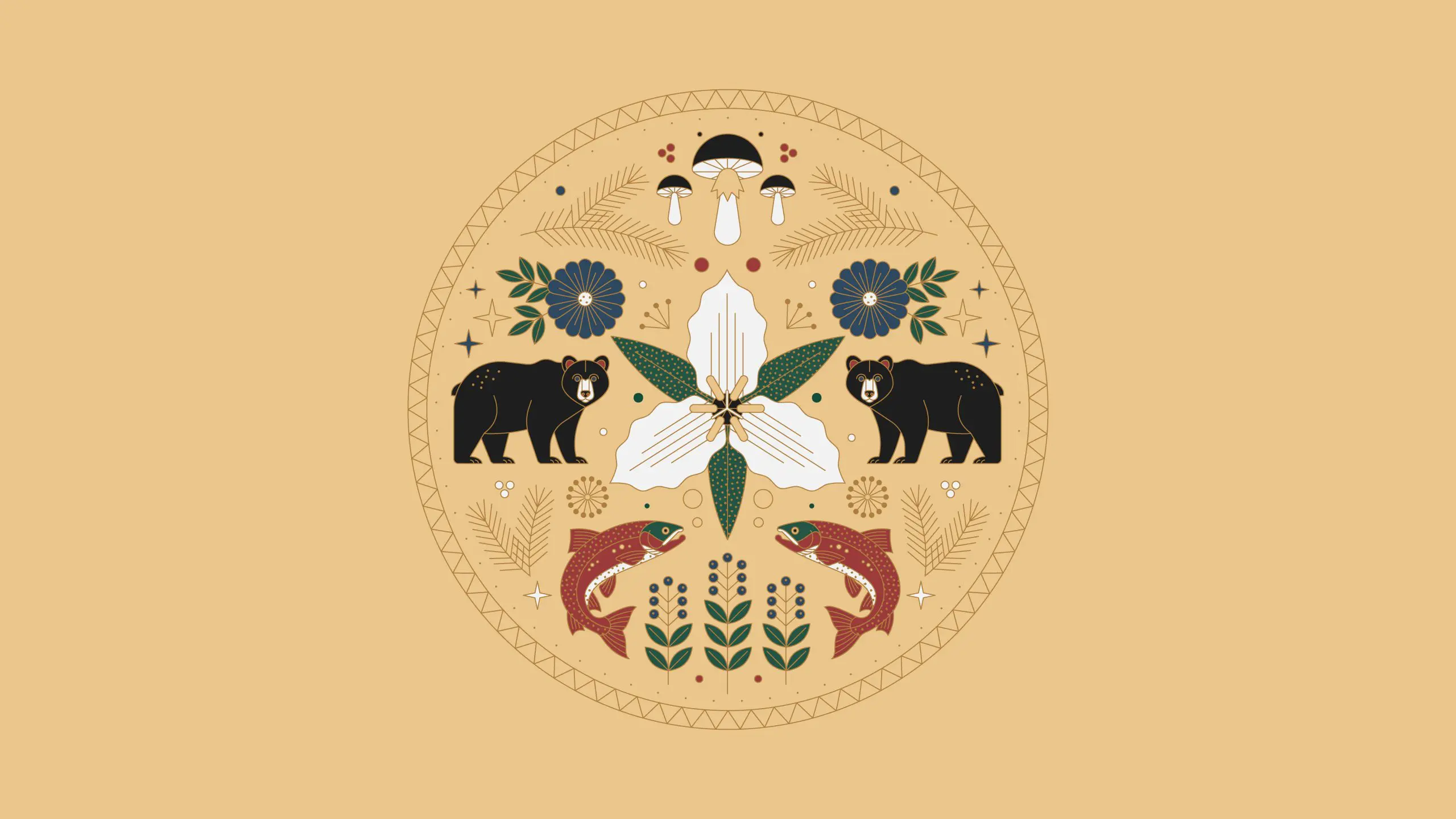 Symmetrical nature illustration with bears, flowers, fish, and mushrooms. Earthy tones on a beige background.