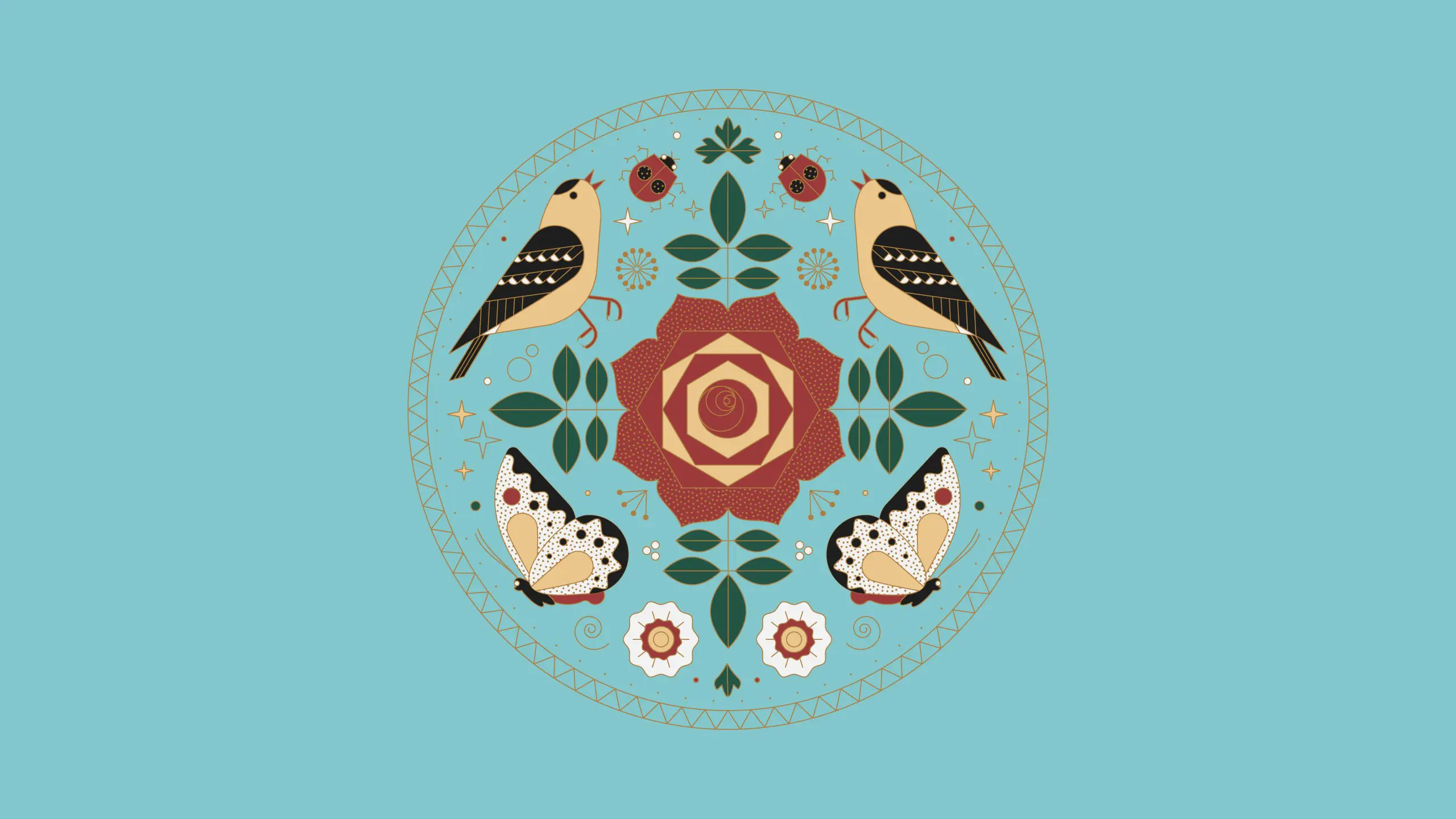 Stylized birds, butterflies, and floral mandala design in soft colors on a teal background.
