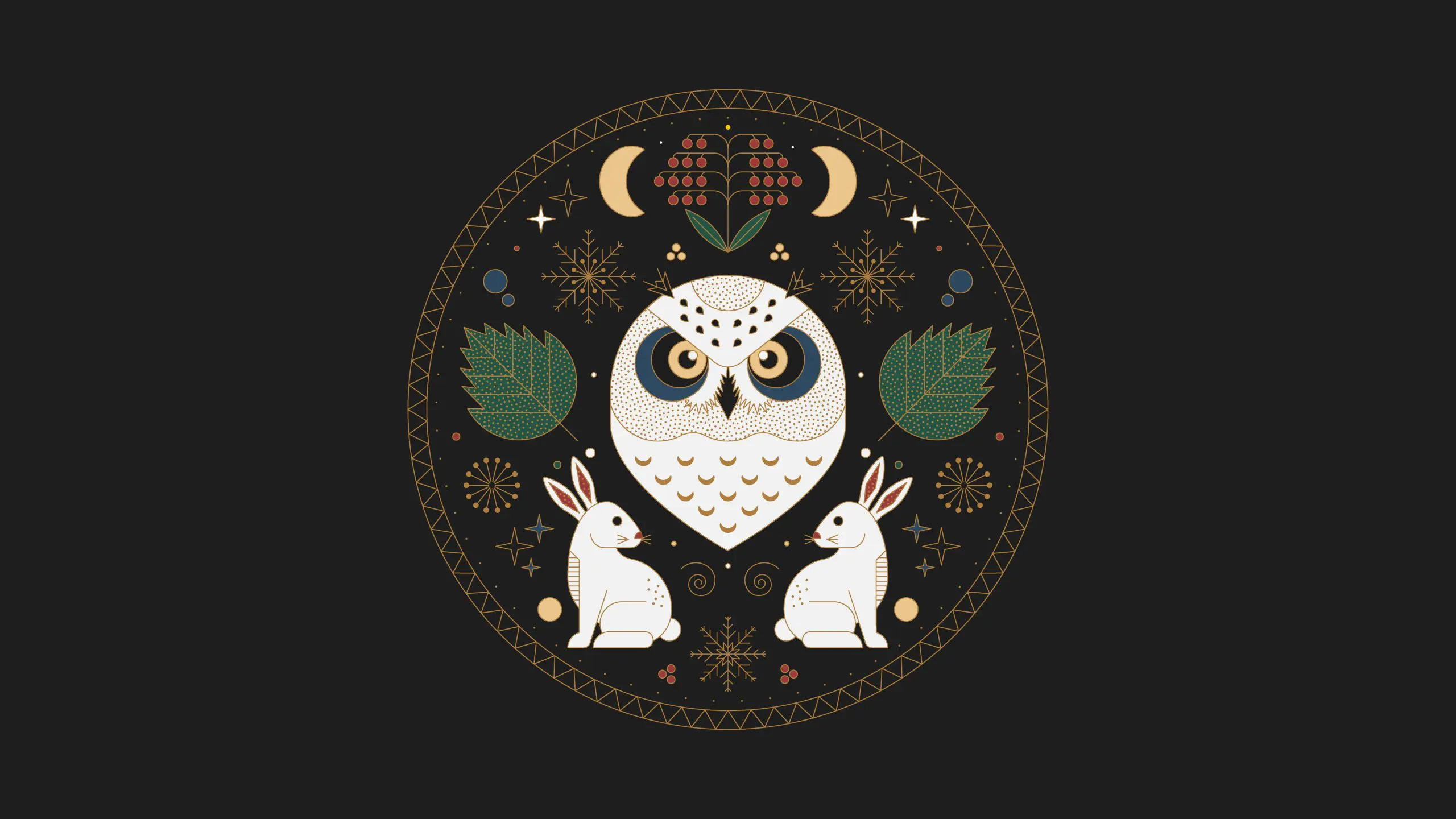 Stylized owl with rabbits, leaves, and celestial symbols in a circular pattern, on a dark background.