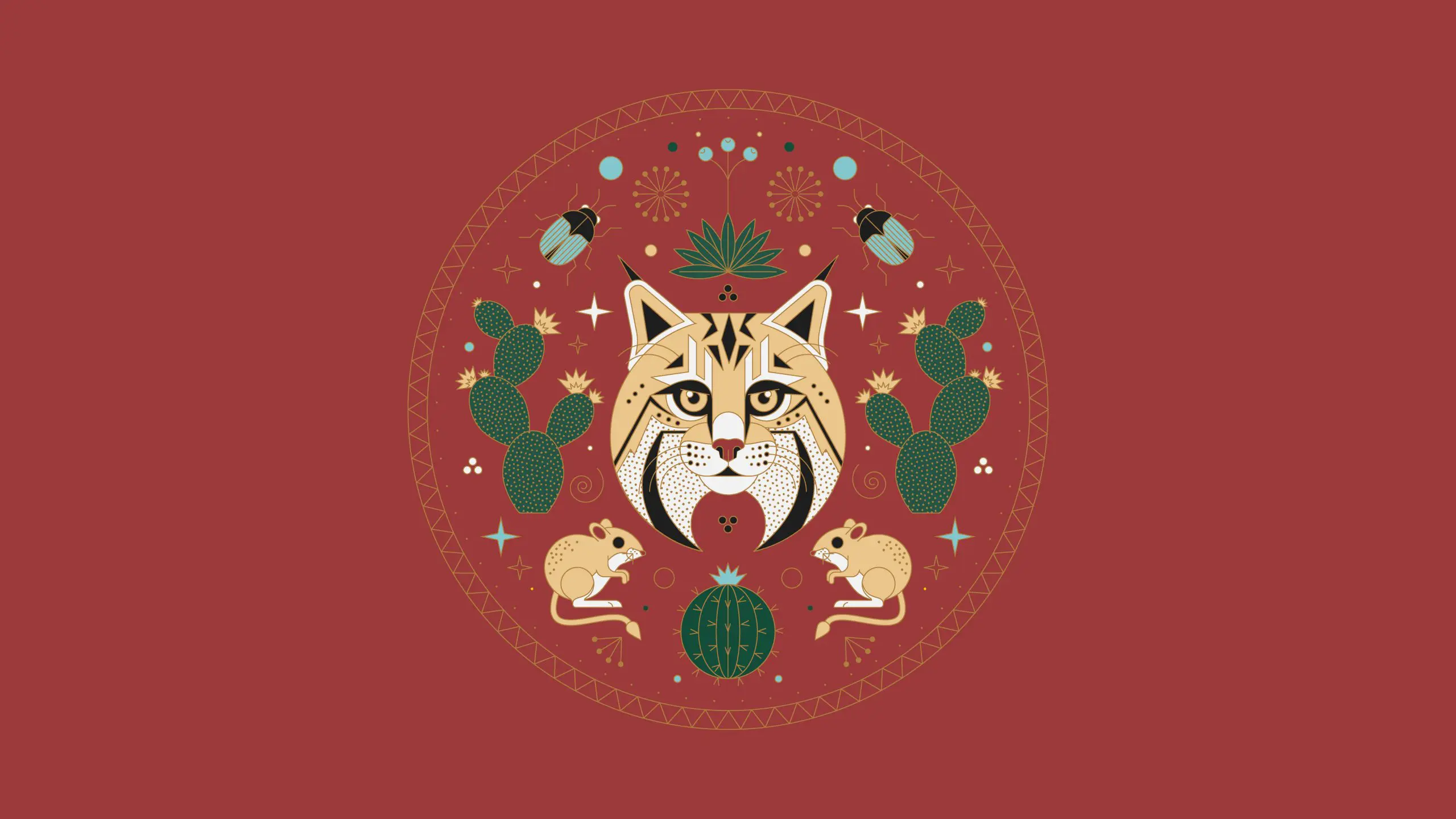 Stylized desert scene with a bobcat head, cacti, beetles, and rodents, set against a decorative circular design.