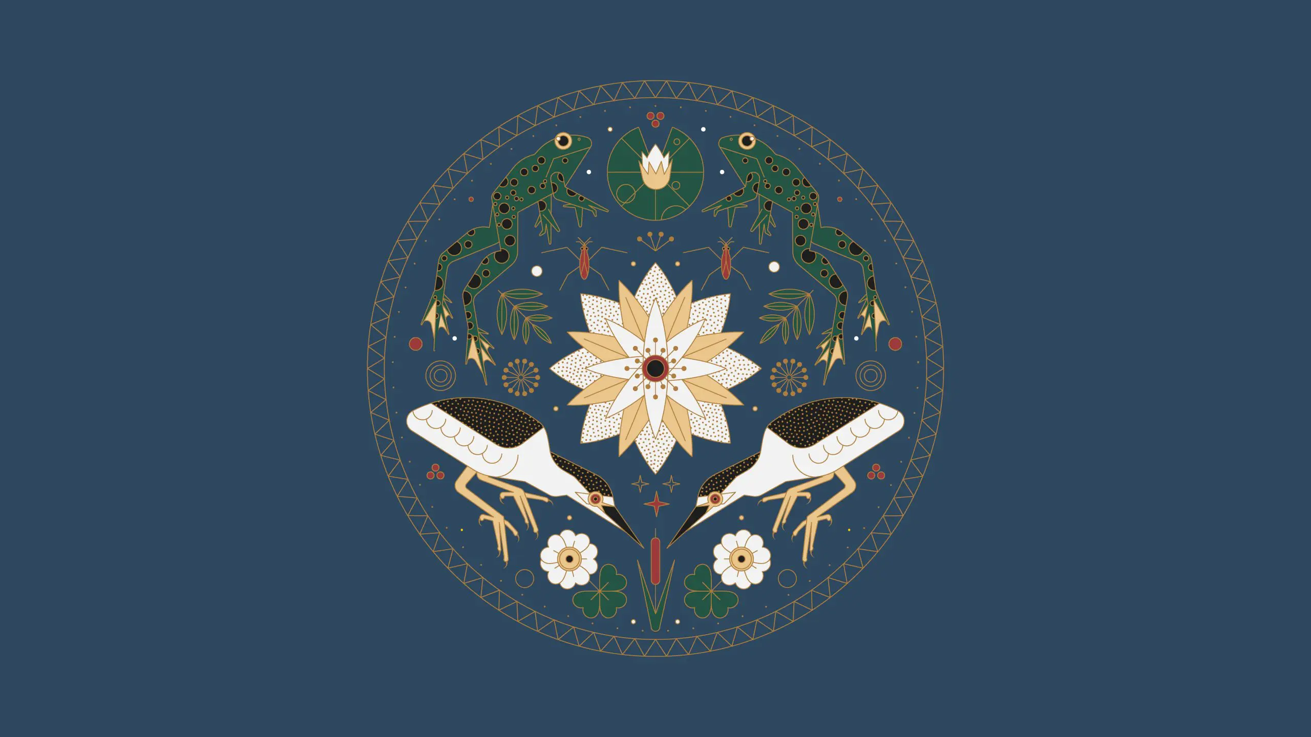 Ornate mandala with frogs, birds, and a central flower on a blue background. Nature-inspired symmetry design.