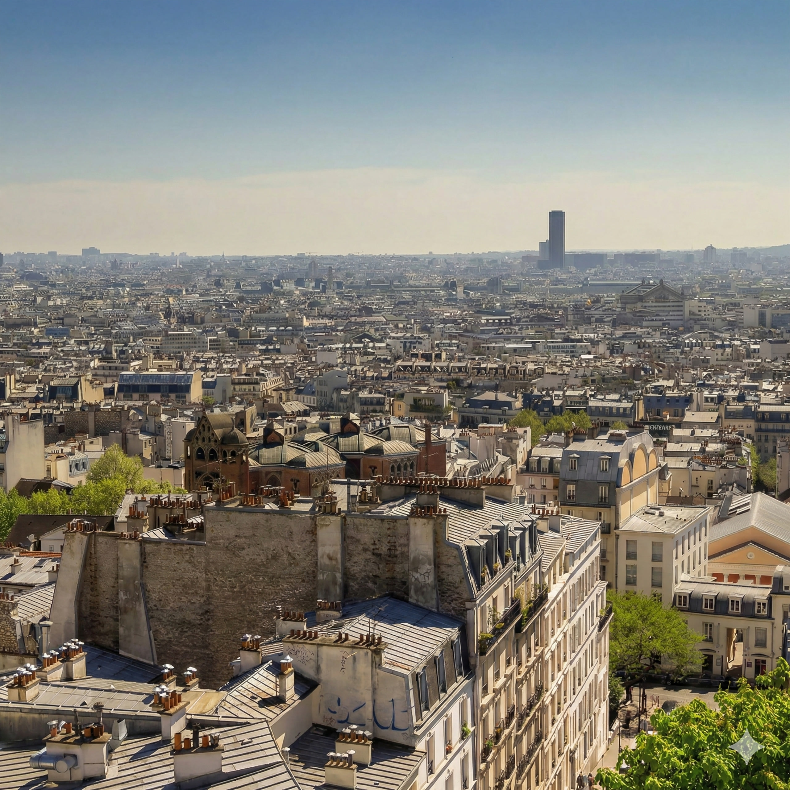 Panoramic view of Paris rooftops under clear skies, showcasing the city's iconic architecture and urban landscape.