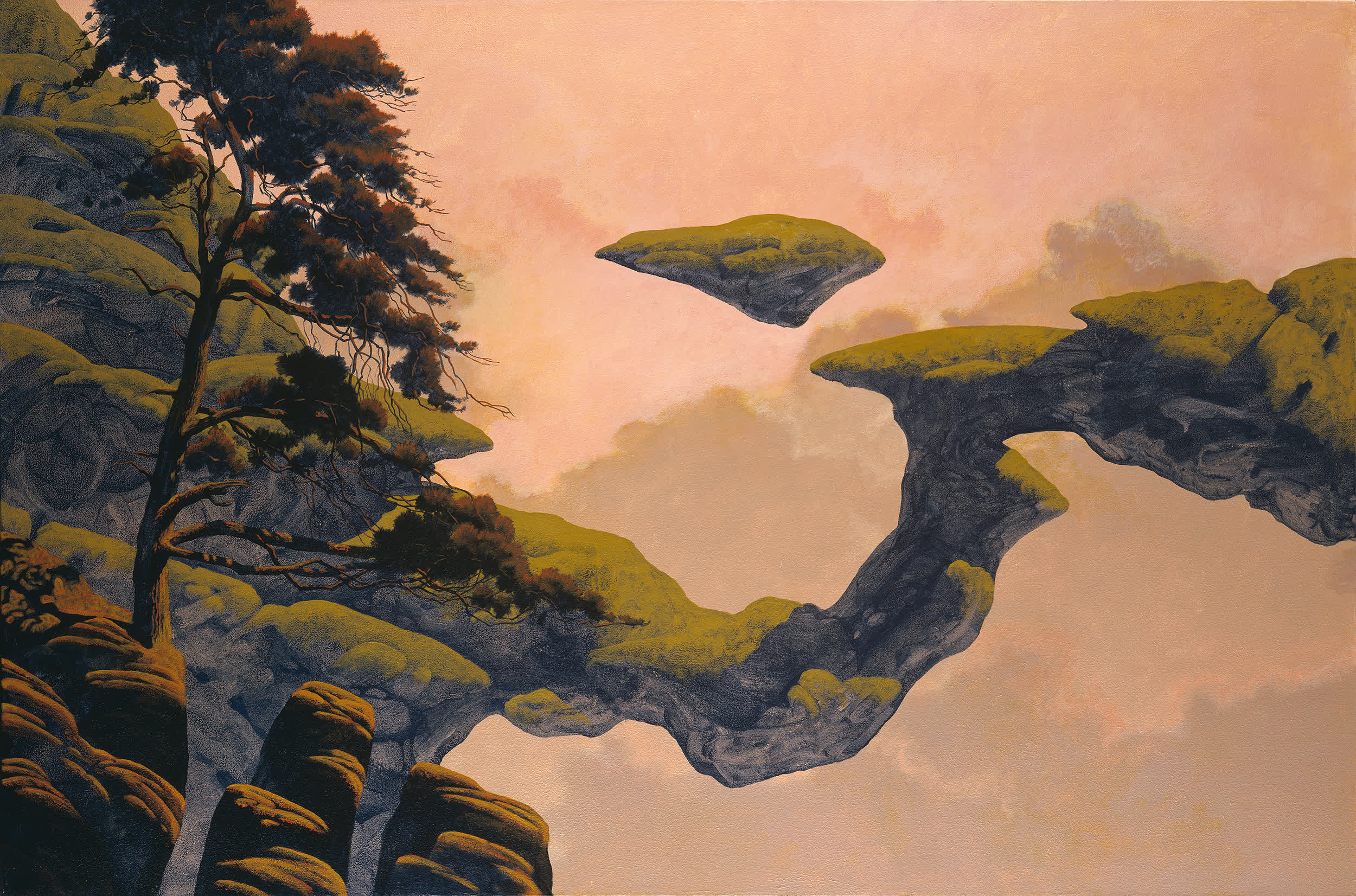 Surreal landscape with floating rock formations and a single tree against a soft orange sky, evoking a dreamlike atmosphere.
