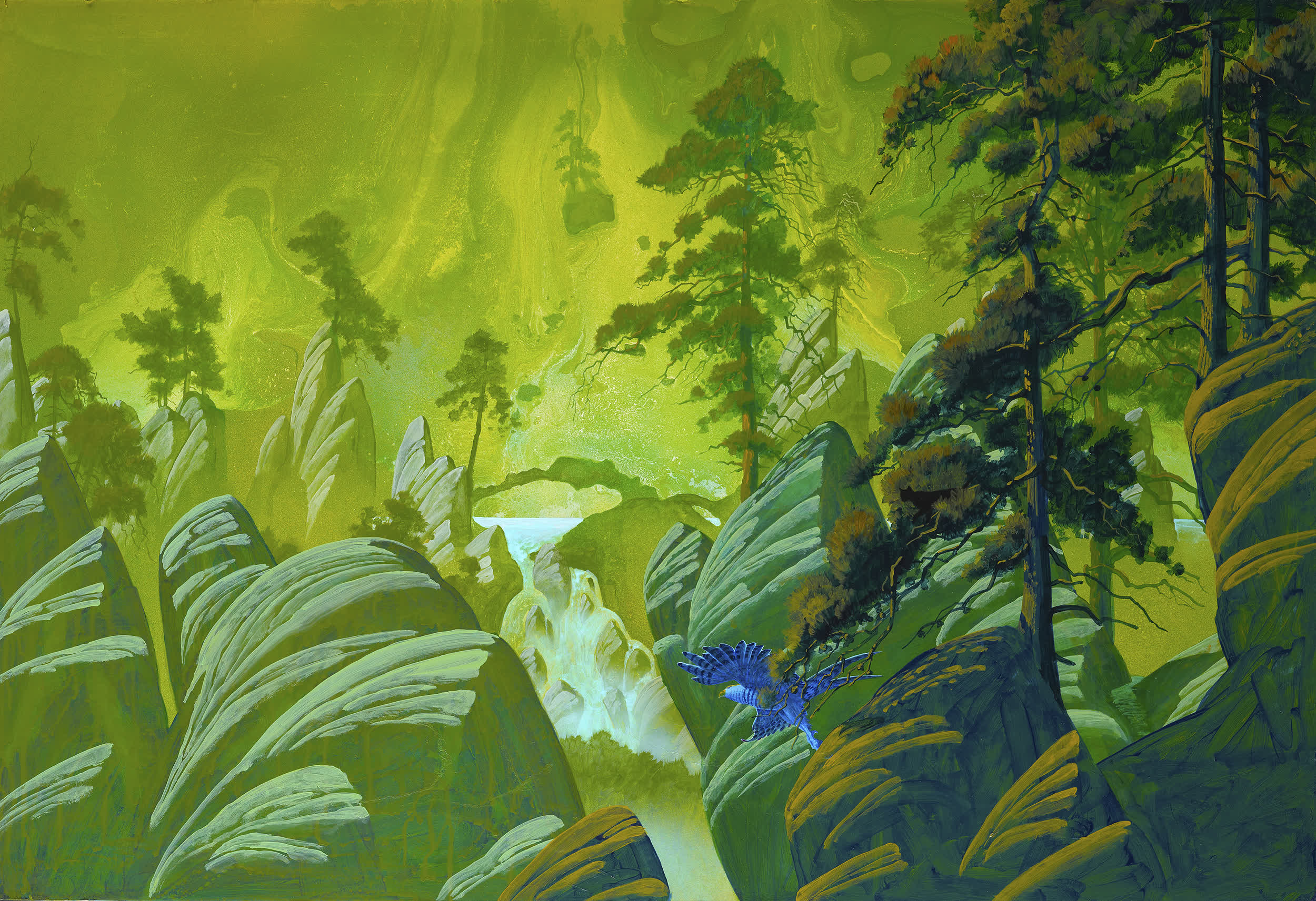 Surreal landscape with vibrant green trees and rocks, featuring a waterfall and a blue bird in a mystical setting.