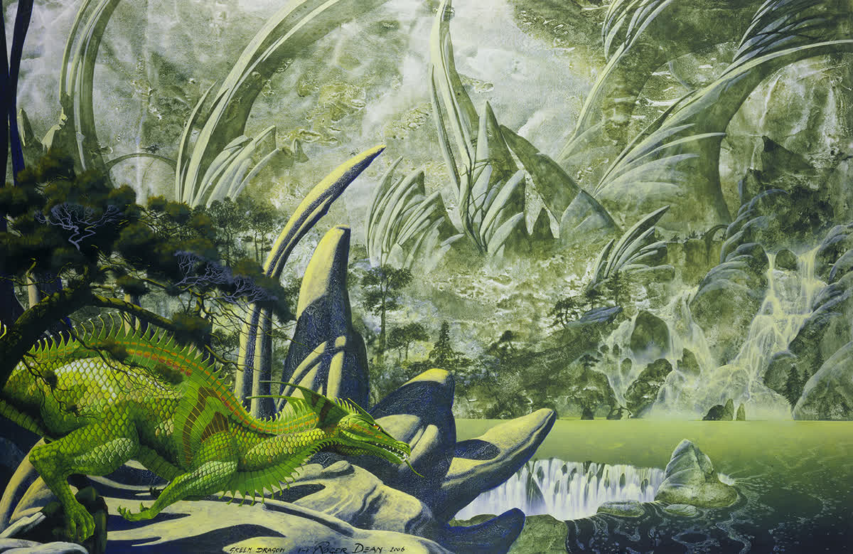 Fantasy art: Green dragon in a mystical landscape with towering structures and a serene waterfall.