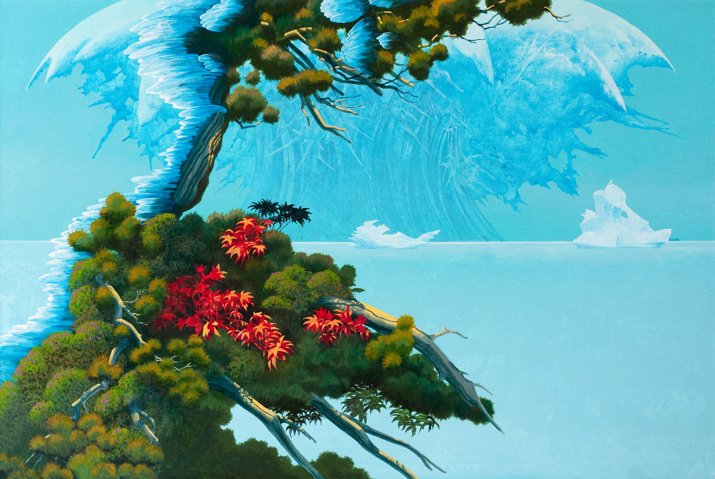 Surreal painting with vibrant foliage and icebergs against a blue sky, evoking nature's contrast and harmony.