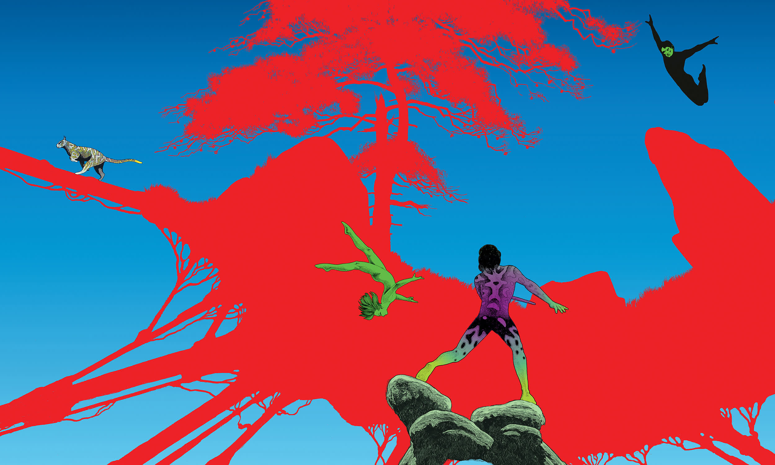 Surreal landscape with colorful figures exploring vibrant red tree against a bright blue sky.