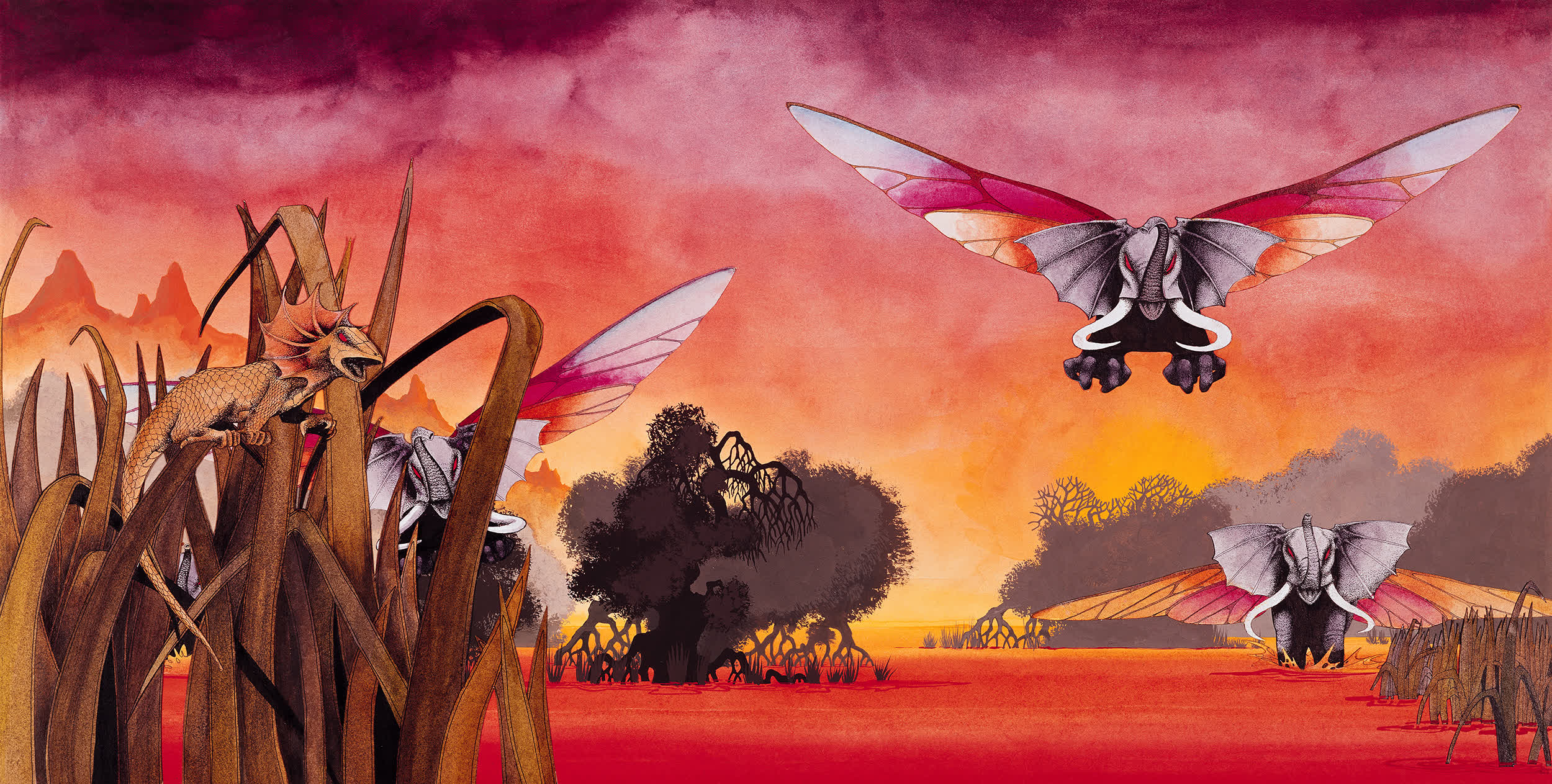 Fantasy landscape with flying elephants and a lizard under a vibrant sunset sky.