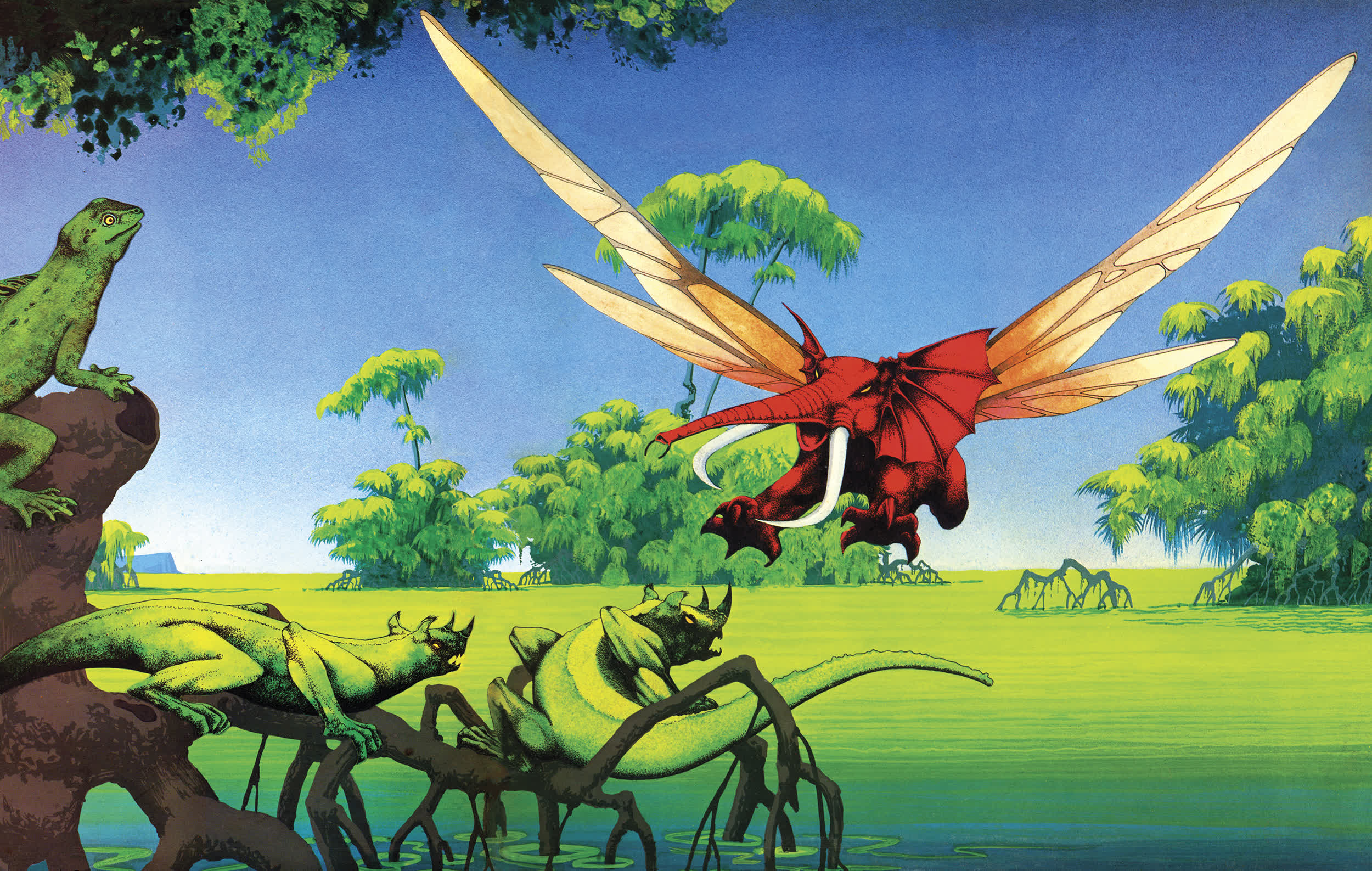 Fantasy landscape with green lizards on trees, as a red flying creature with elephant-like features soars above.