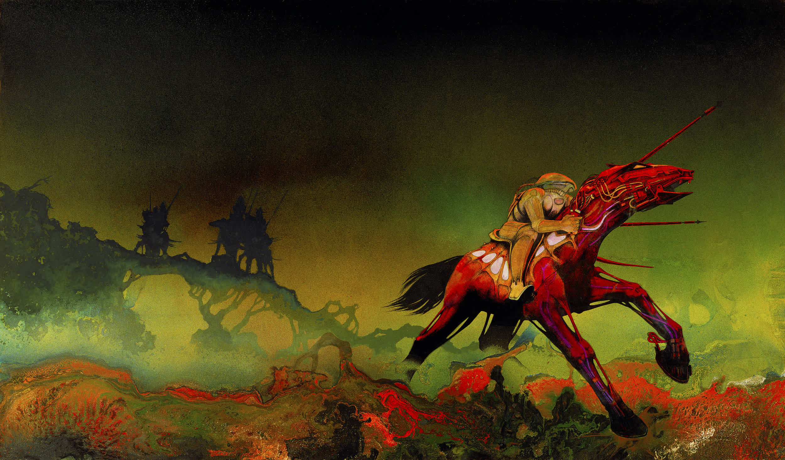 Fantasy scene of a warrior riding a red horse in a surreal landscape, with silhouetted figures in the background.
