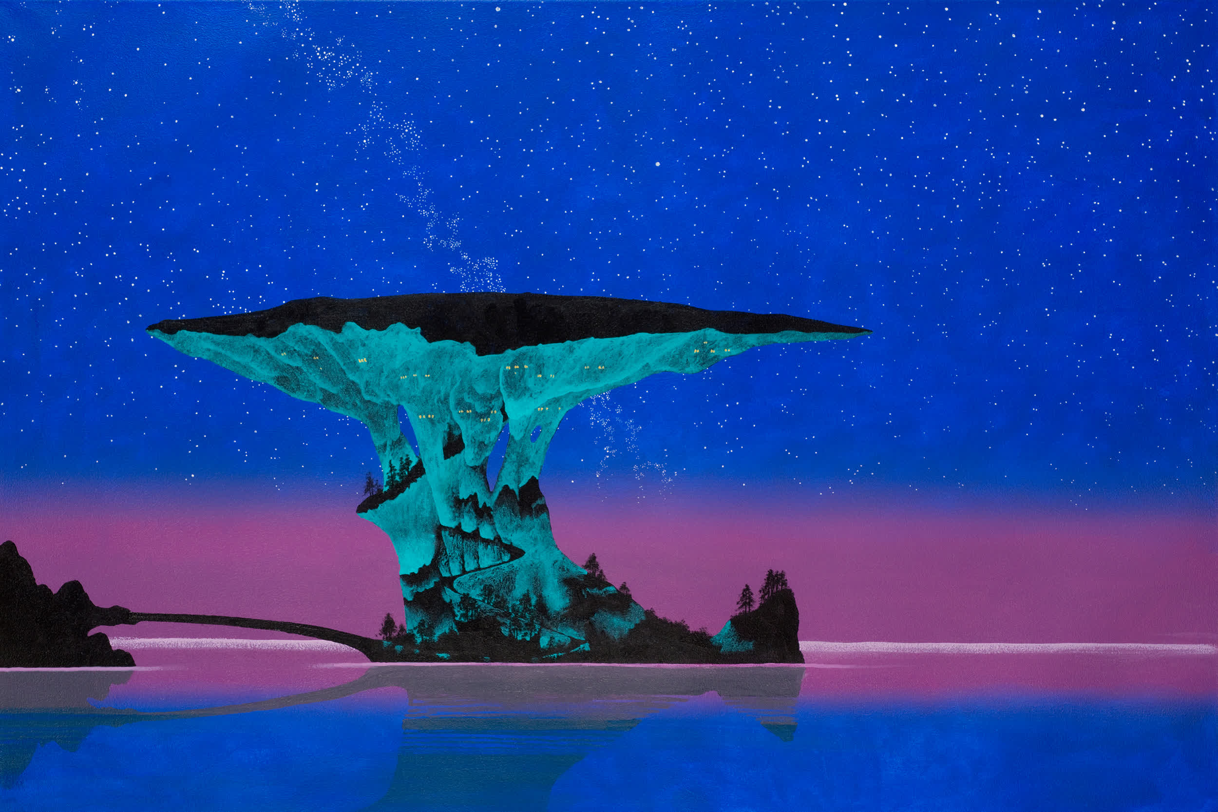 Futuristic landscape with glowing structure against a starry sky and vibrant sunset reflection on water.
