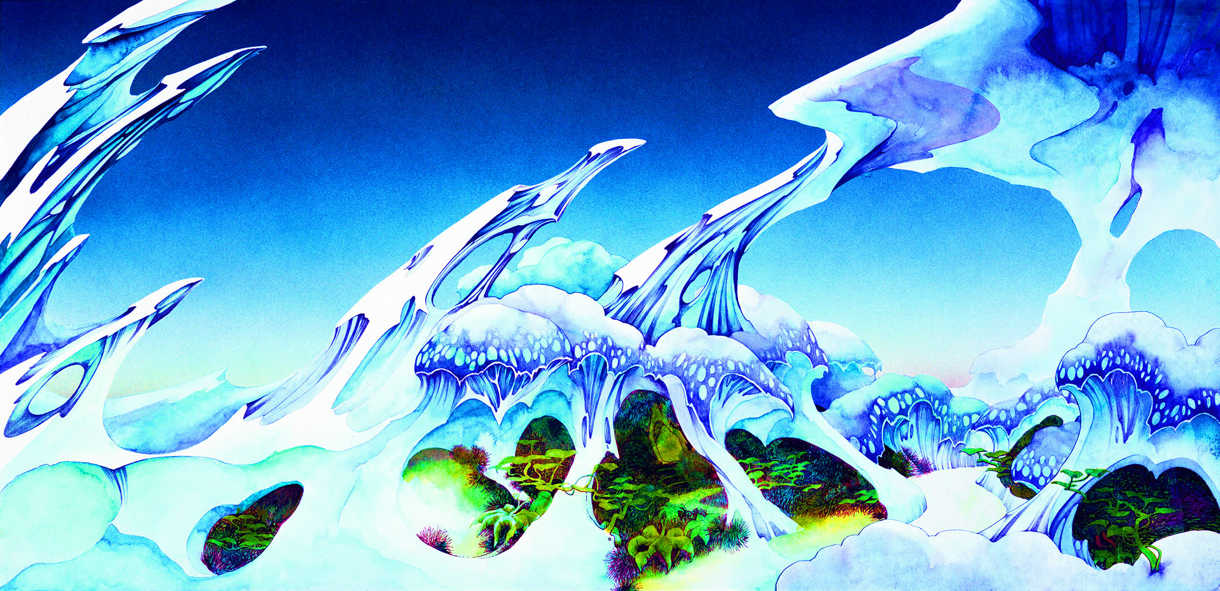 Surreal ice landscape with vivid blue hues and abstract formations, showcasing hidden green vegetation beneath.