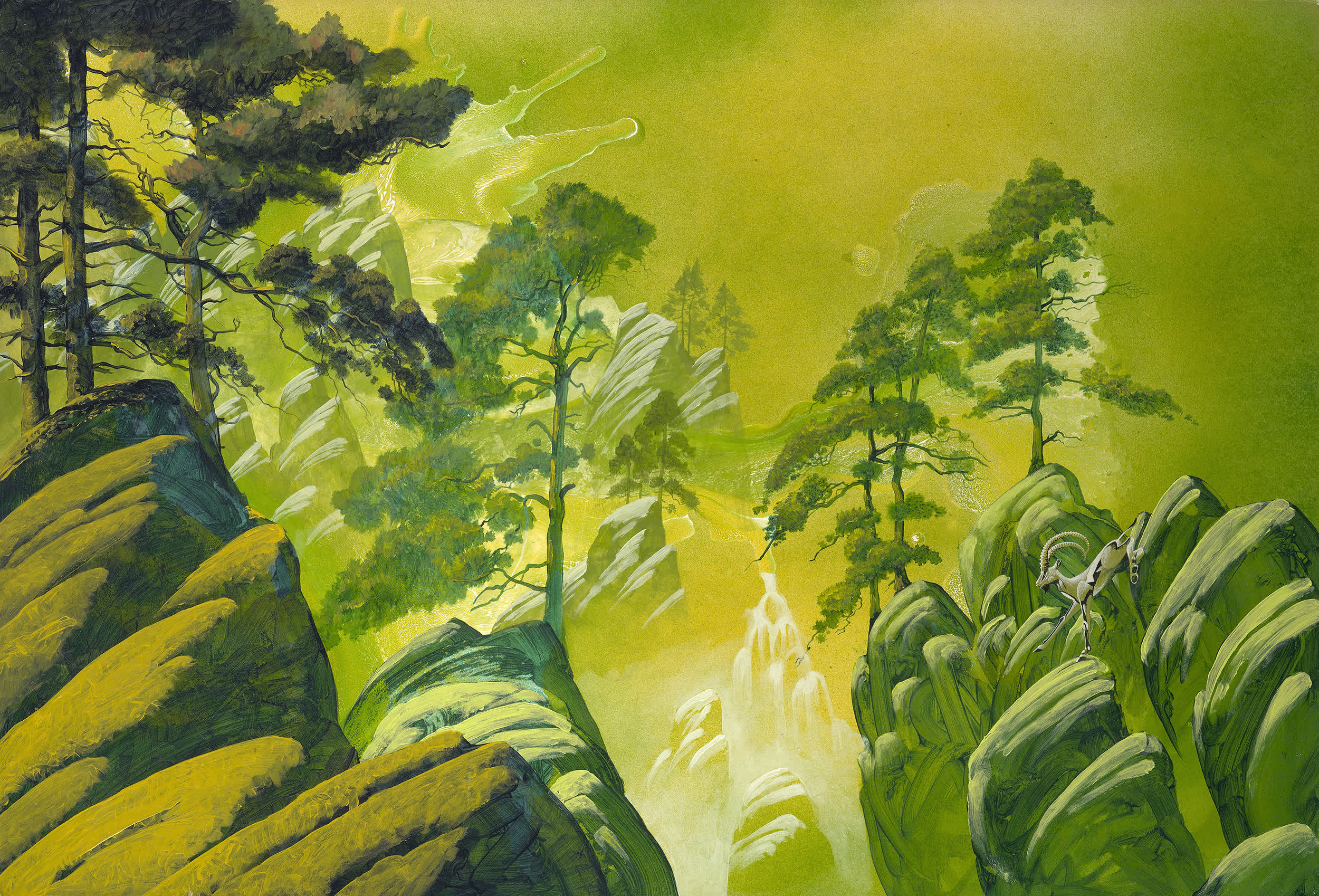 Surreal landscape with lush green trees, rocky cliffs, and a leaping goat amidst a vibrant yellow-green background.