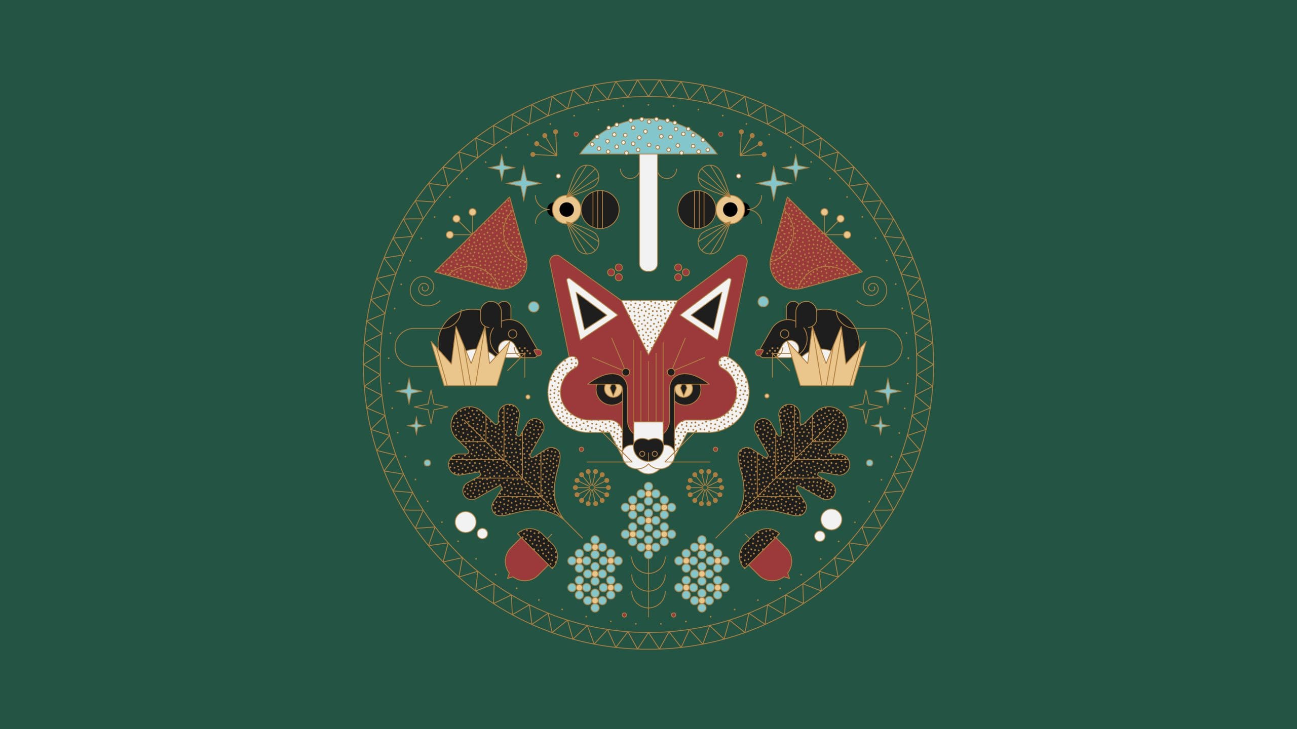 Stylized illustration featuring a fox with nature elements like mushrooms, oak leaves, and bees on a dark green background.