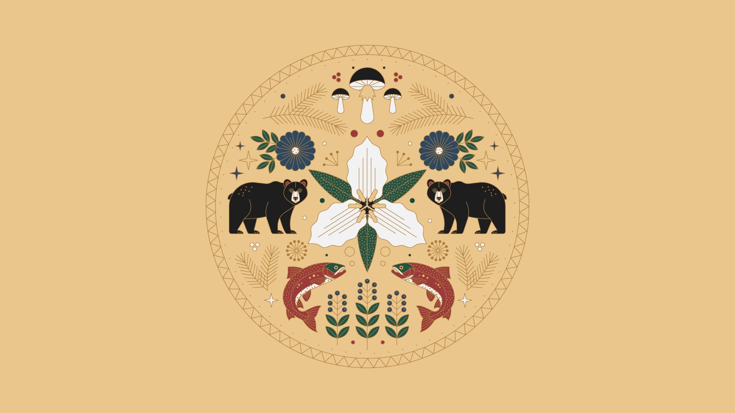 Symmetrical nature illustration with bears, flowers, fish, and mushrooms. Earthy tones on a beige background.