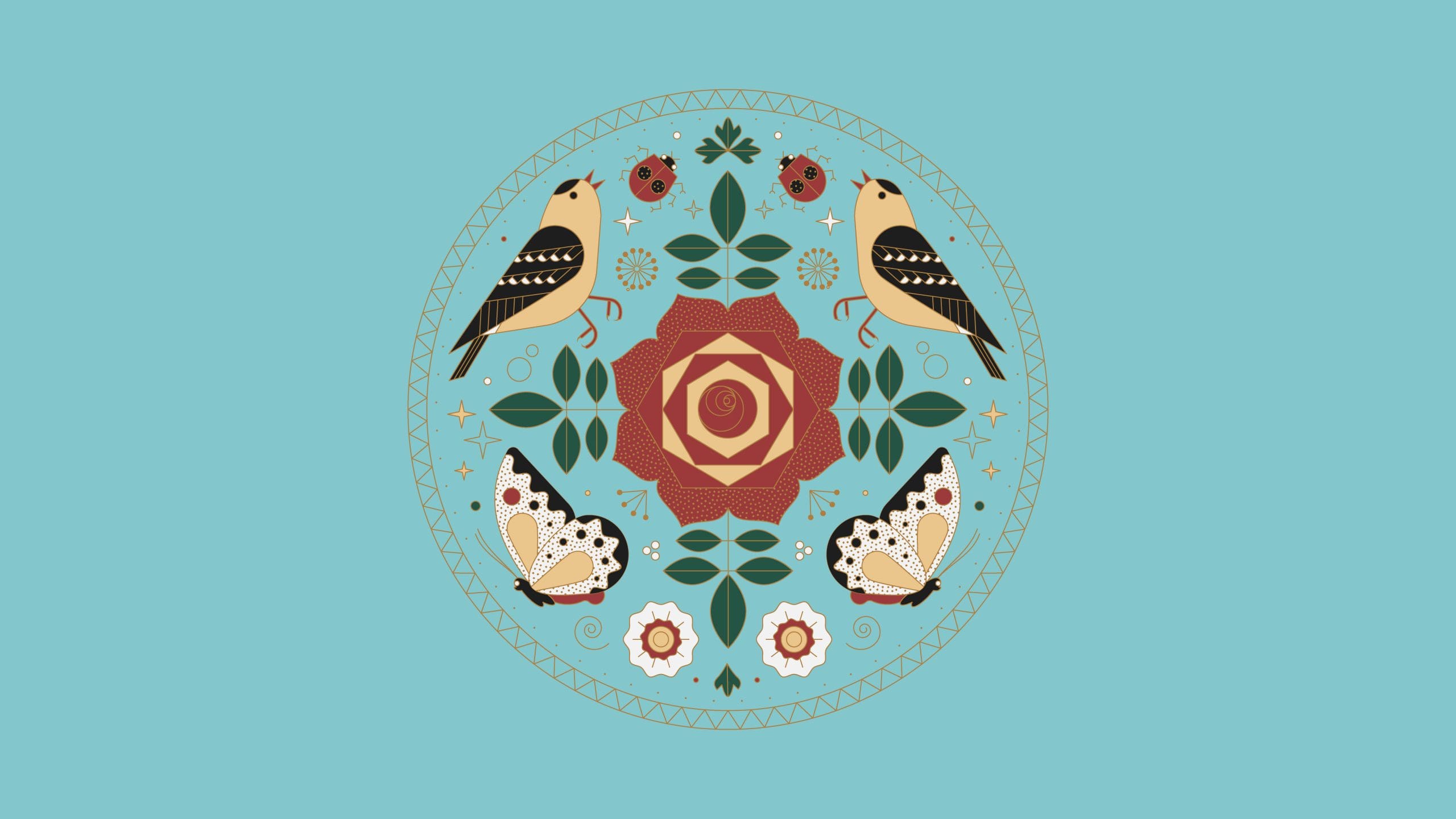 Stylized birds, butterflies, and floral mandala design in soft colors on a teal background.