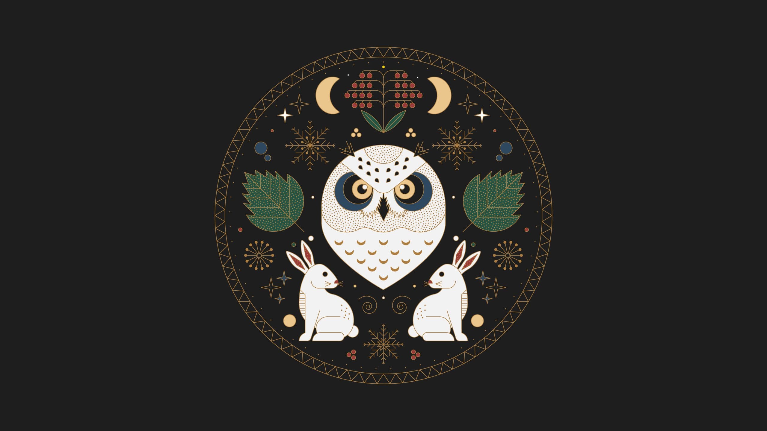 Stylized owl with rabbits, leaves, and celestial symbols in a circular pattern, on a dark background.