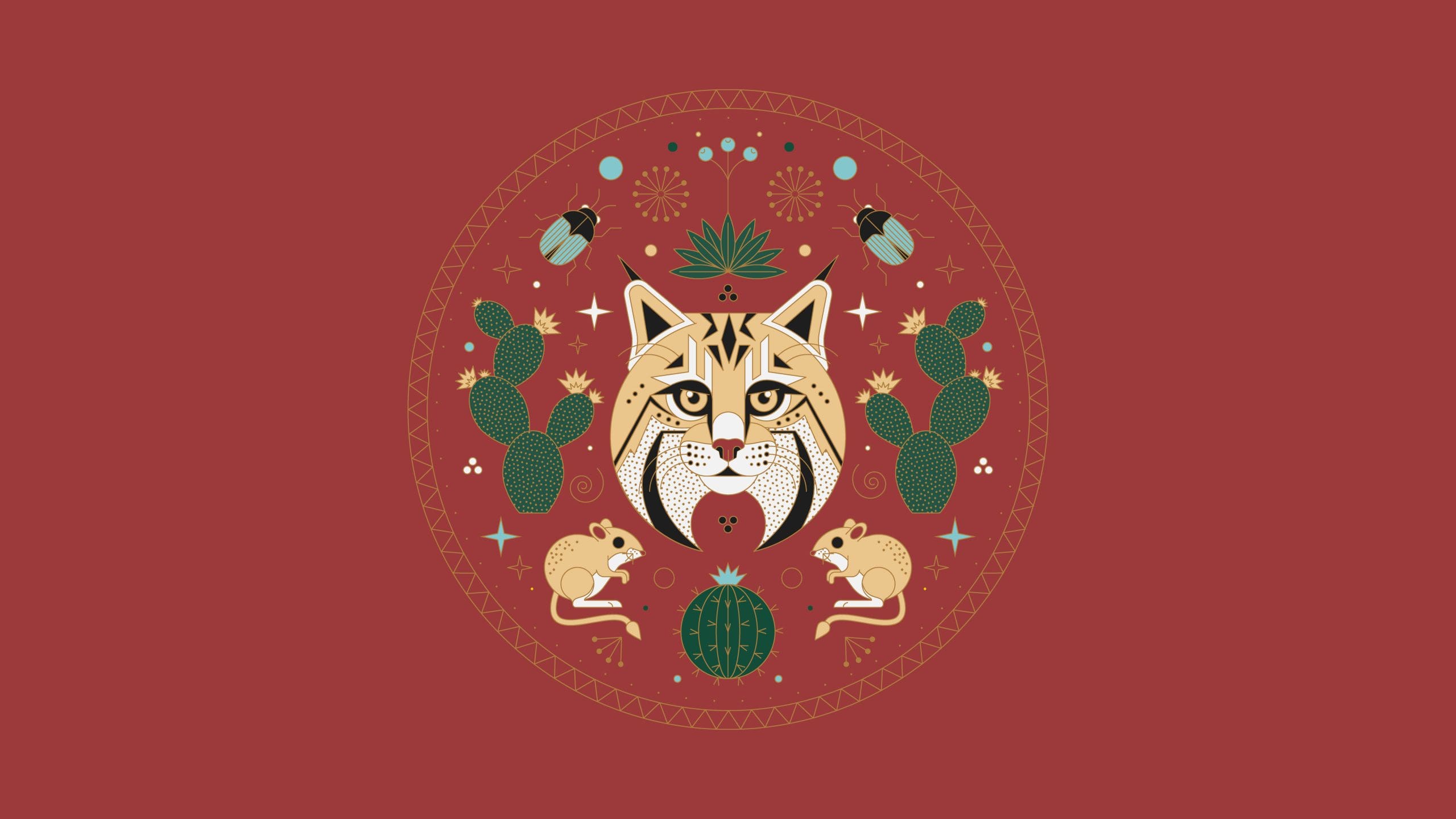 Stylized desert scene with a bobcat head, cacti, beetles, and rodents, set against a decorative circular design.
