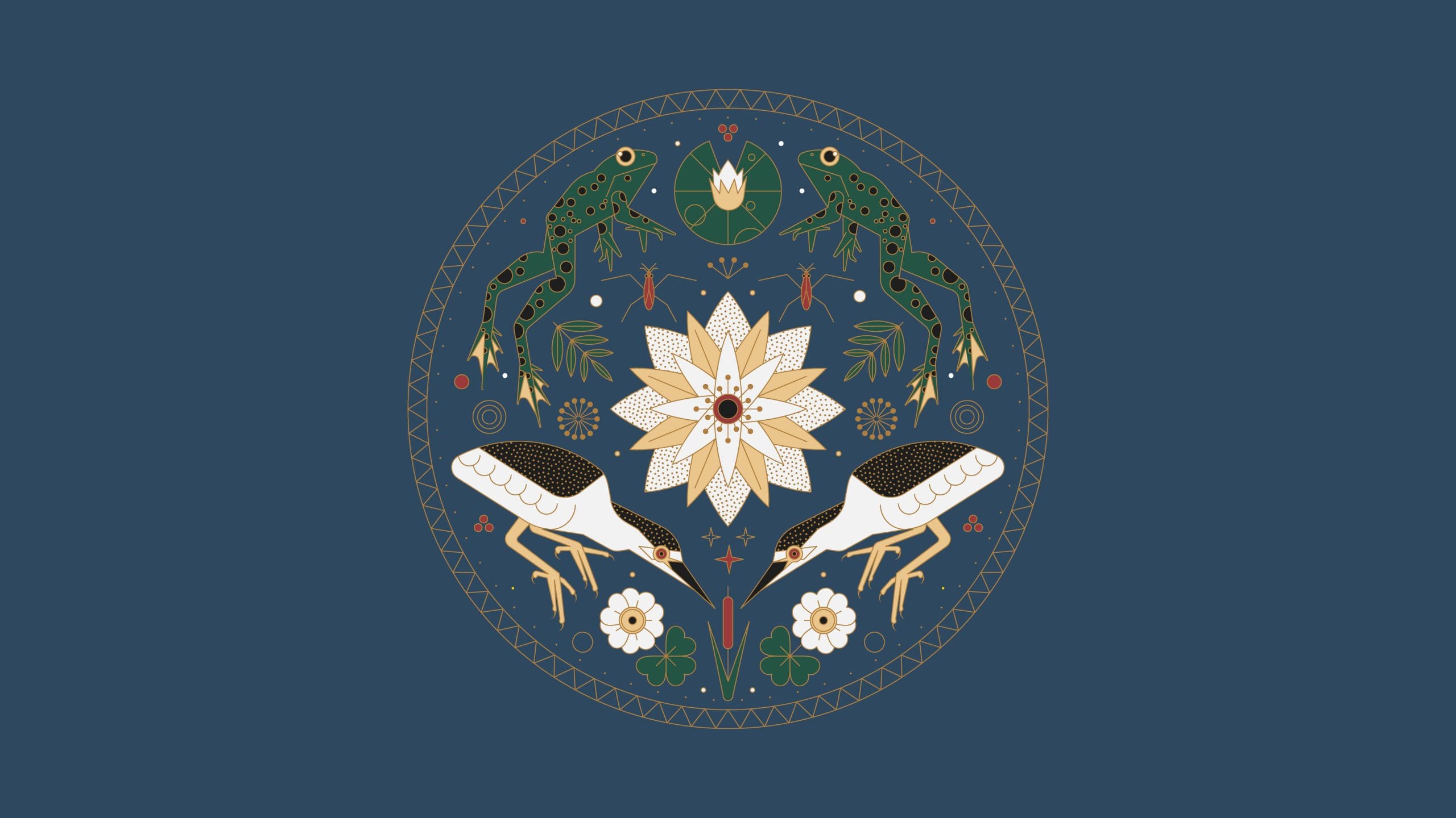 Ornate mandala with frogs, birds, and a central flower on a blue background. Nature-inspired symmetry design.