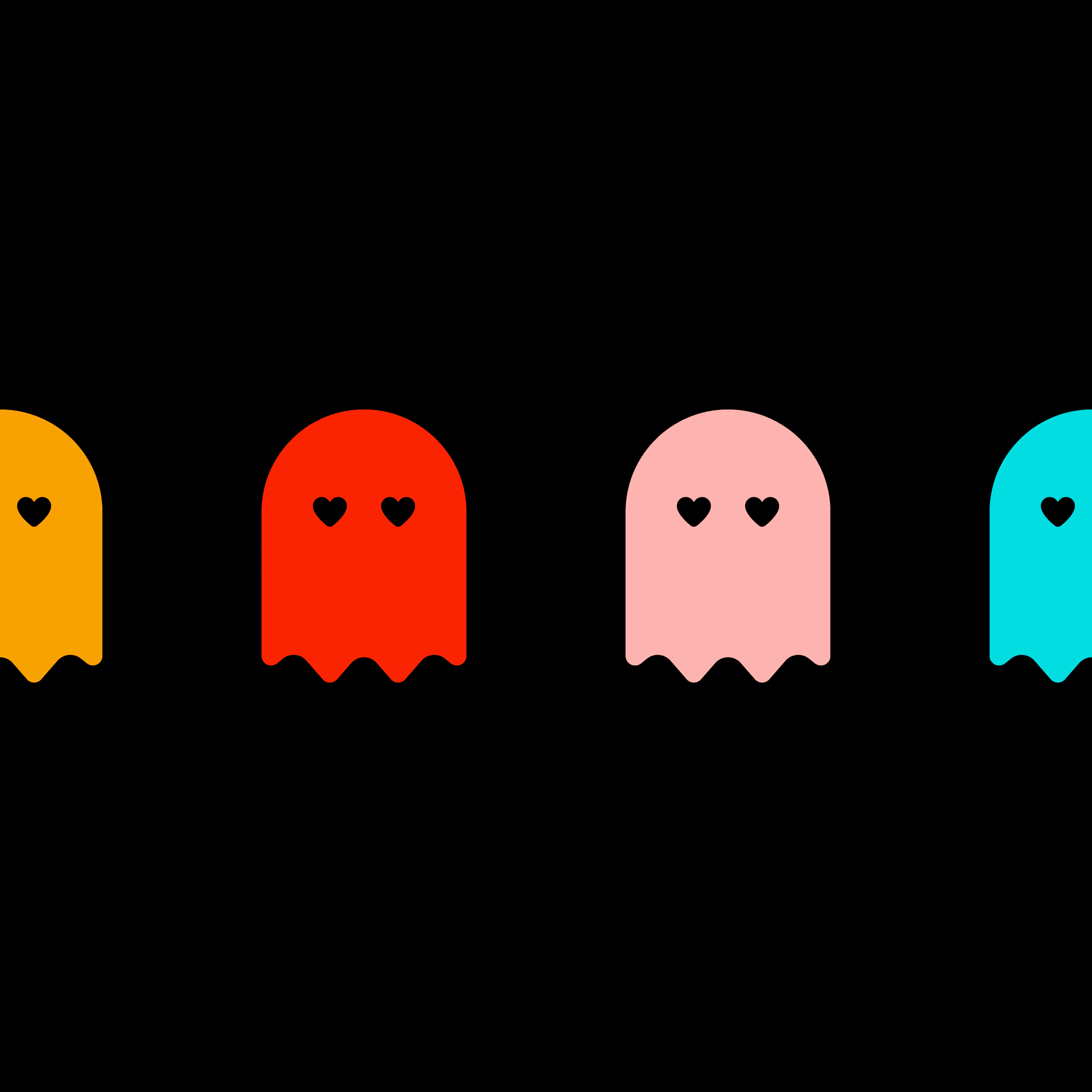 ghost-solid-full-8-colour Colorful ghost icons with heart-shaped eyes in a row on a black background.
