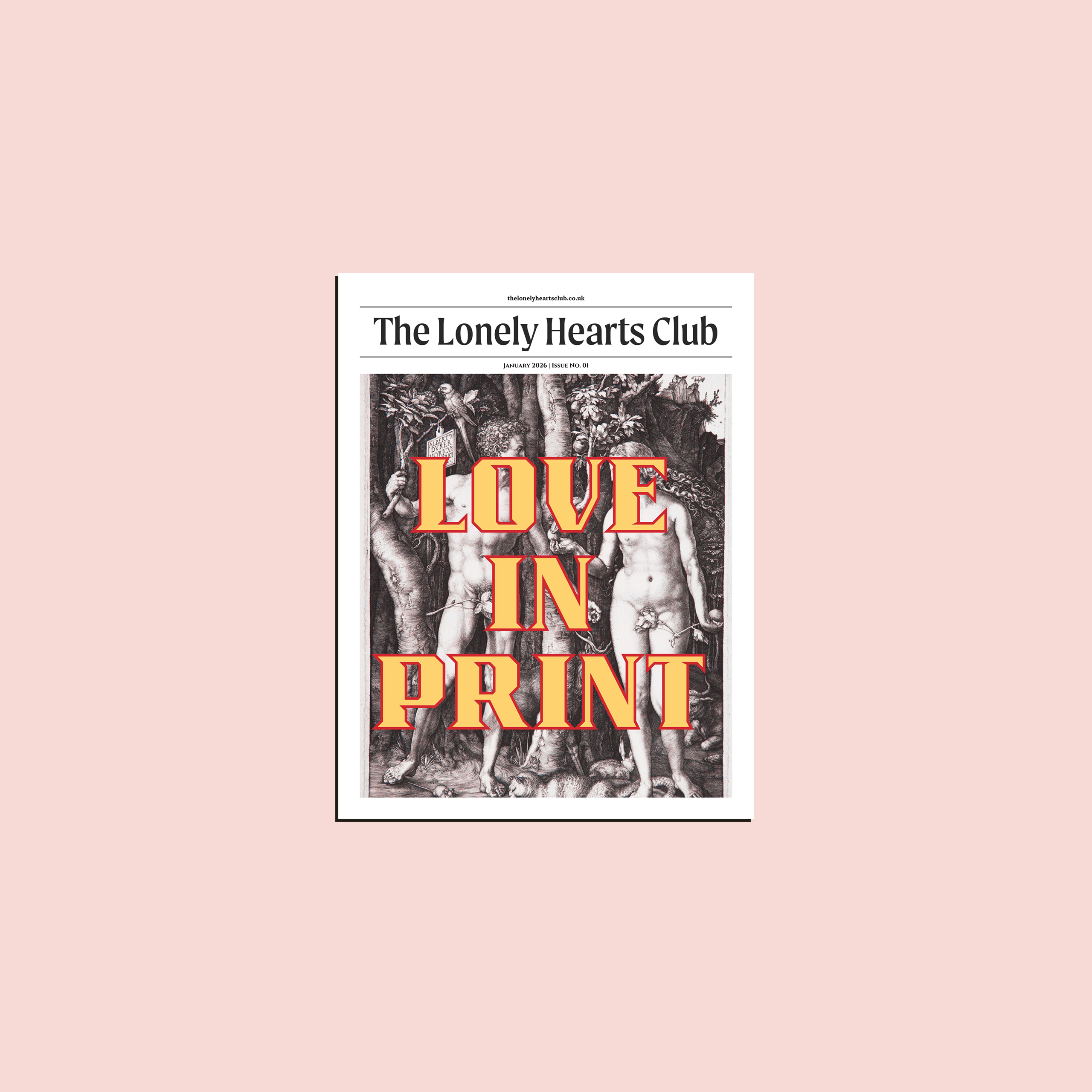 the-lonely-hearts-club-01 Cover of The Lonely Hearts Club titled Love in Print with vintage illustration on pink background.