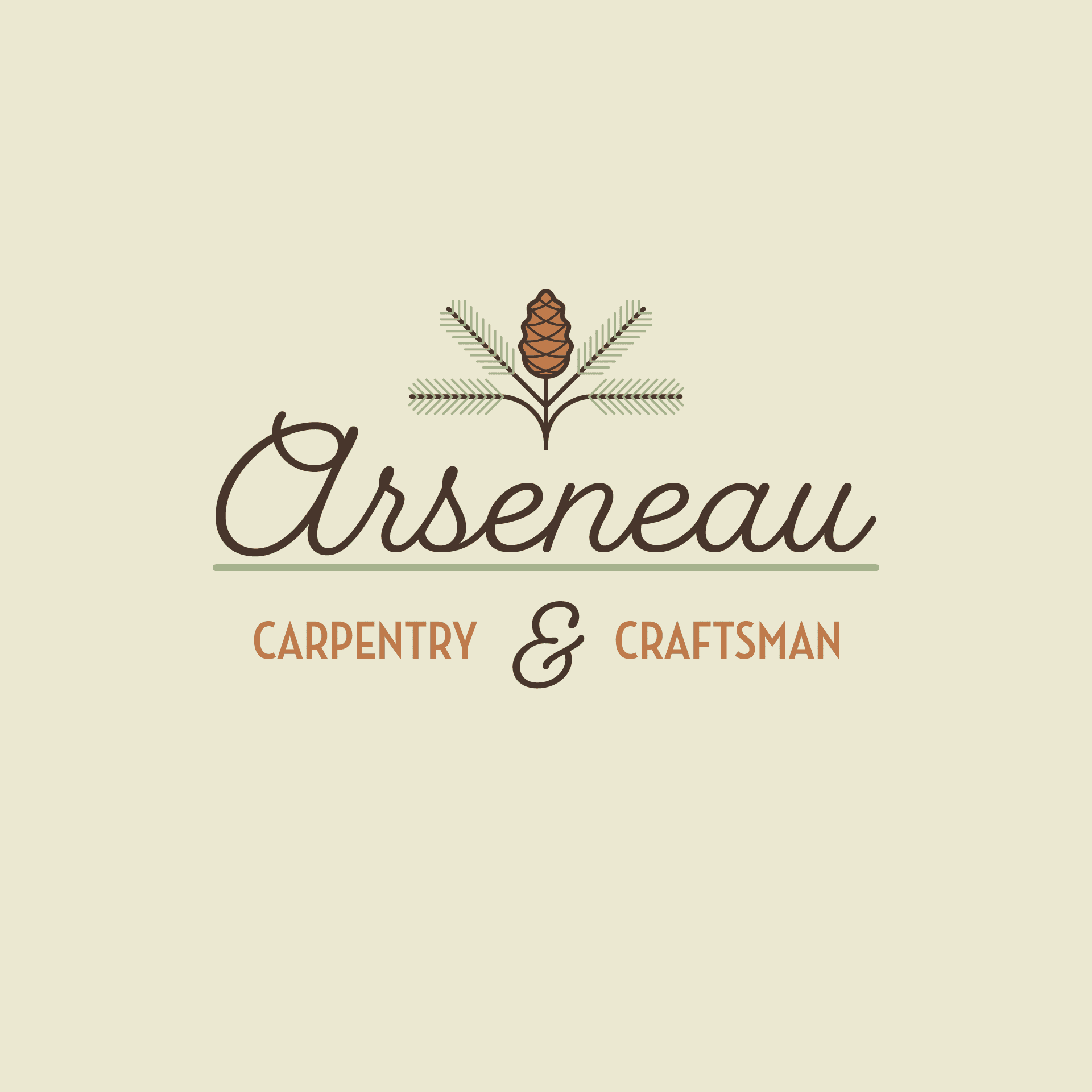 Arseneau Carpentry & Craftsman logo with pinecone and branch design on a beige background.