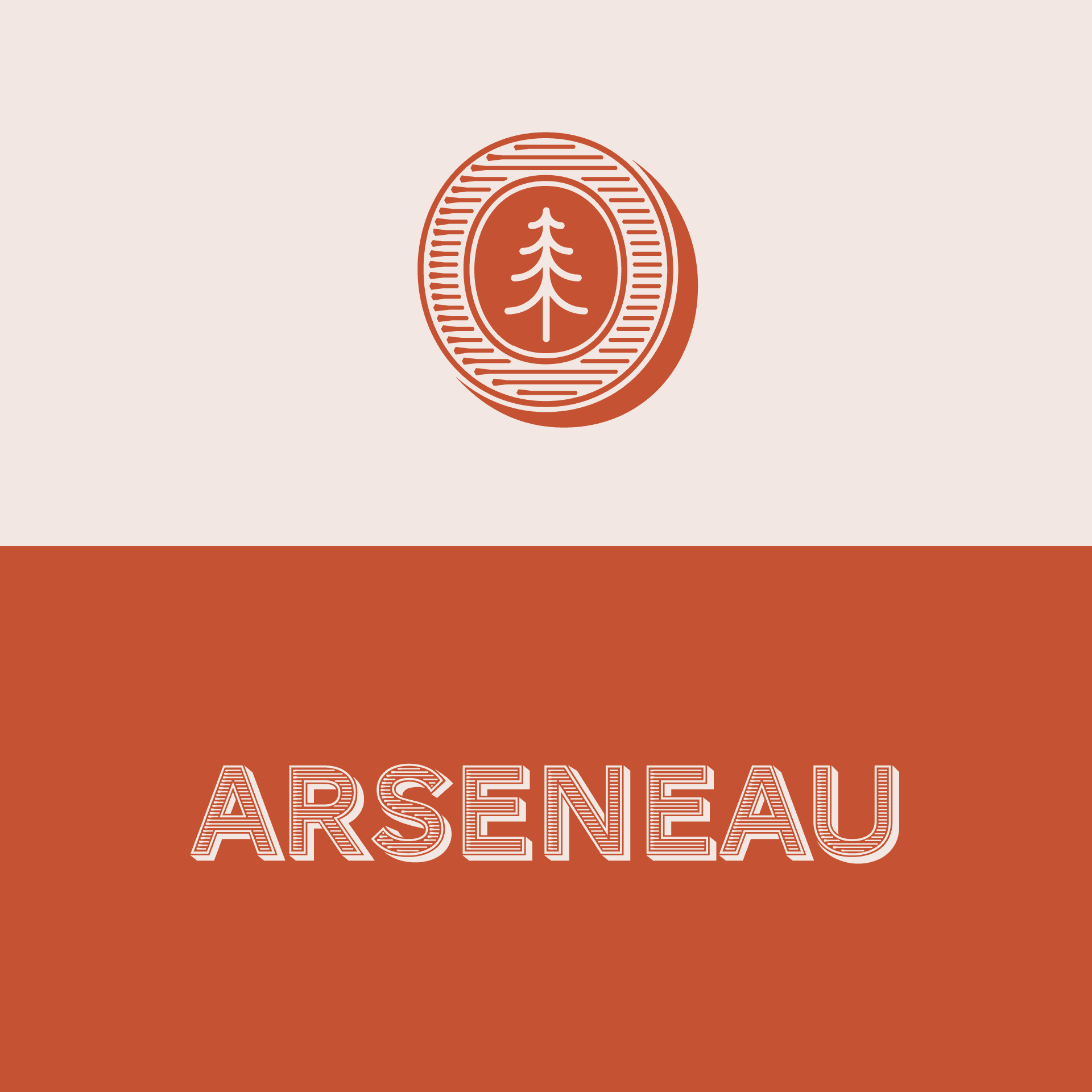 Arseneau logo with stylized tree emblem in orange and white, text below on a two-tone background, forest-inspired design.