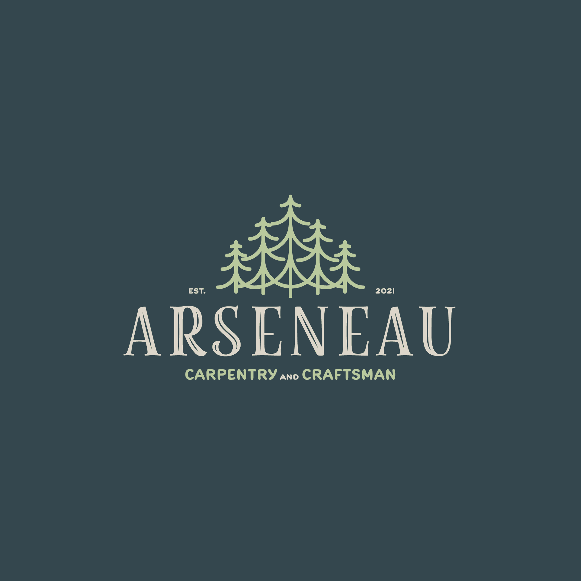 ARSENEAU Carpentry and Craftsman logo with tree design, established in 2021. Dark blue background.