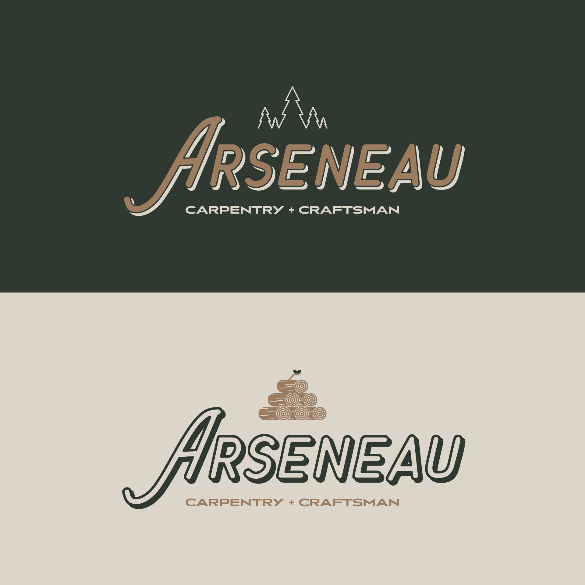 Arseneau logo featuring Carpentry + Craftsman with tree and wood motifs on dark and light backgrounds.