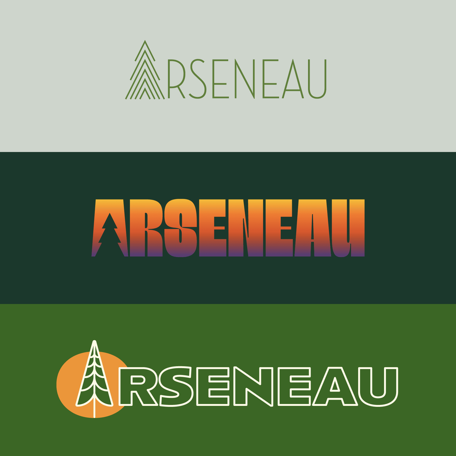 Three logo designs for ARSENEAU featuring stylized trees in different color schemes and typography styles.