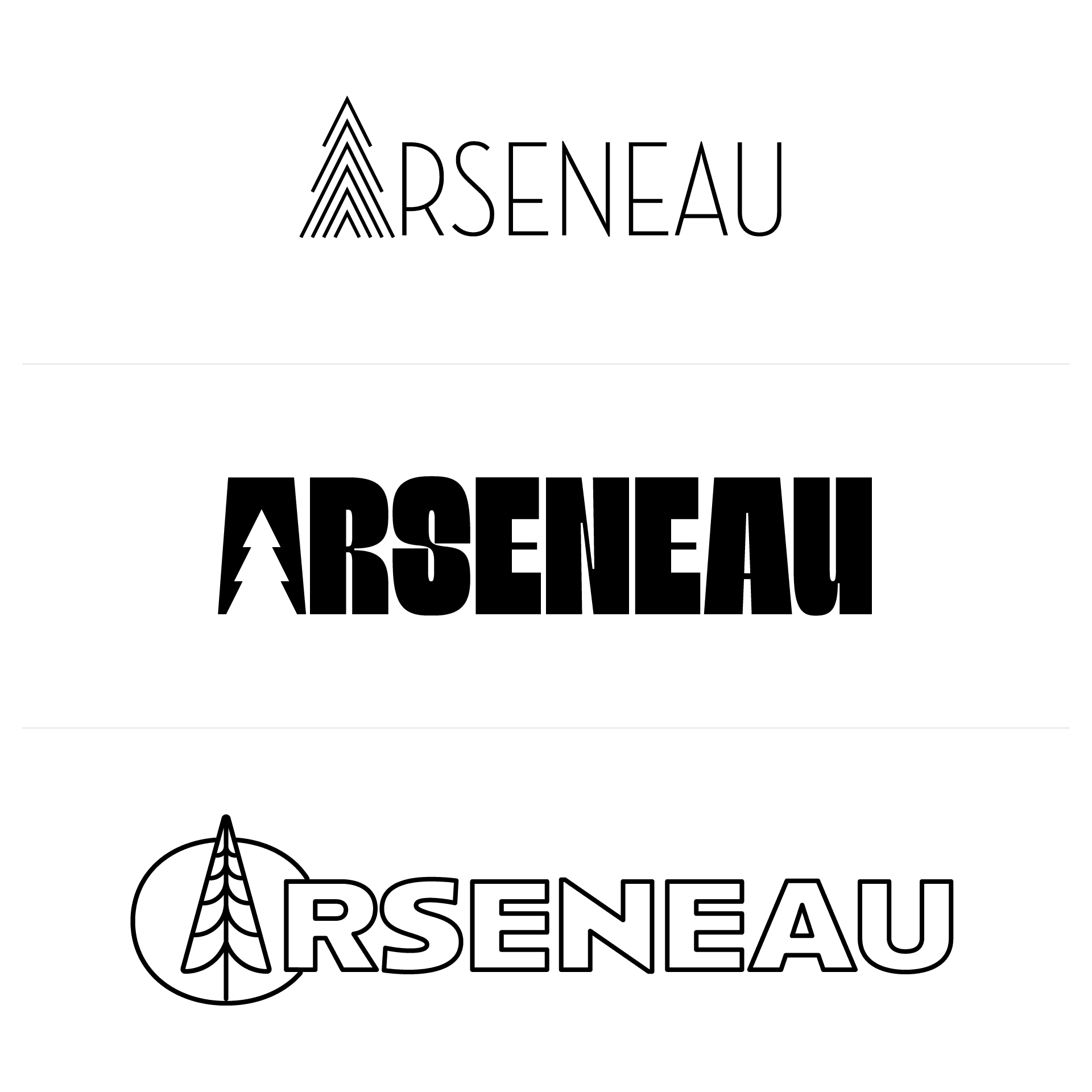 Three logo designs featuring the name ARSENEAU with abstract tree motifs.