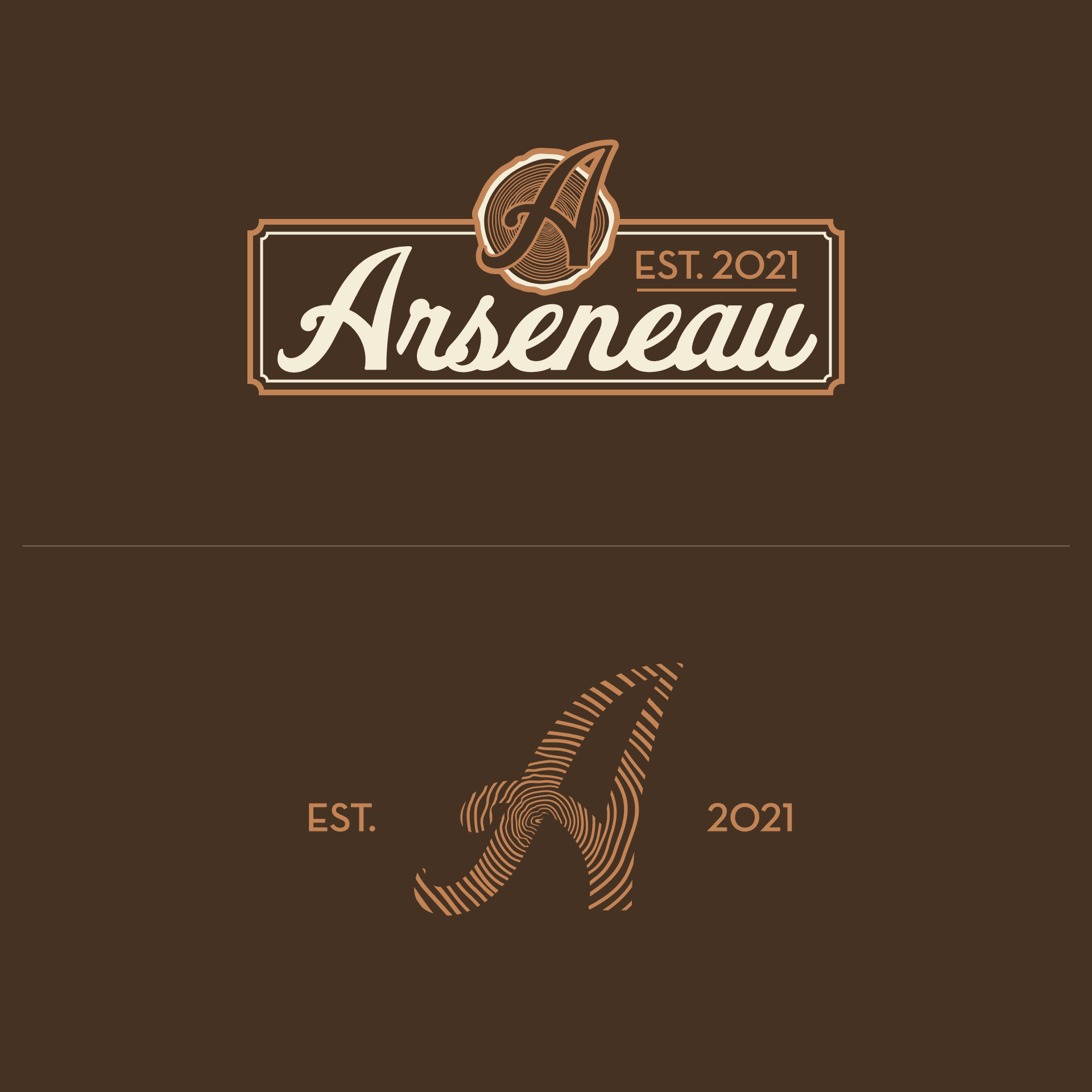 Vintage-style logo for Arseneau, featuring elegant script, established in 2021, with decorative elements on brown background.