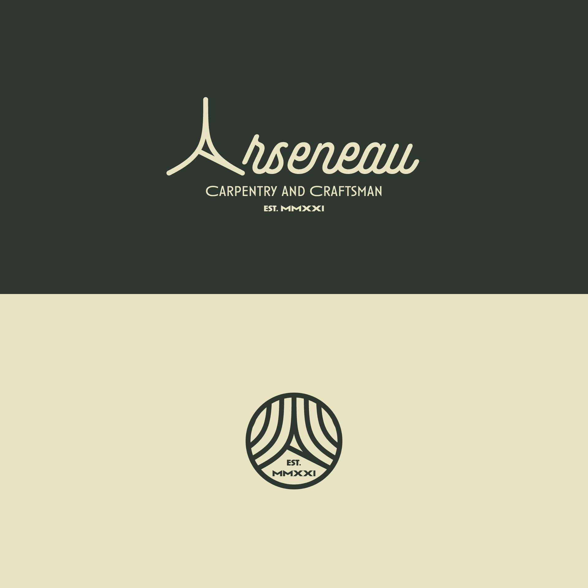 Arseneau Carpentry and Craftsman logo, established 2021, with elegant typography and artistic emblem design.