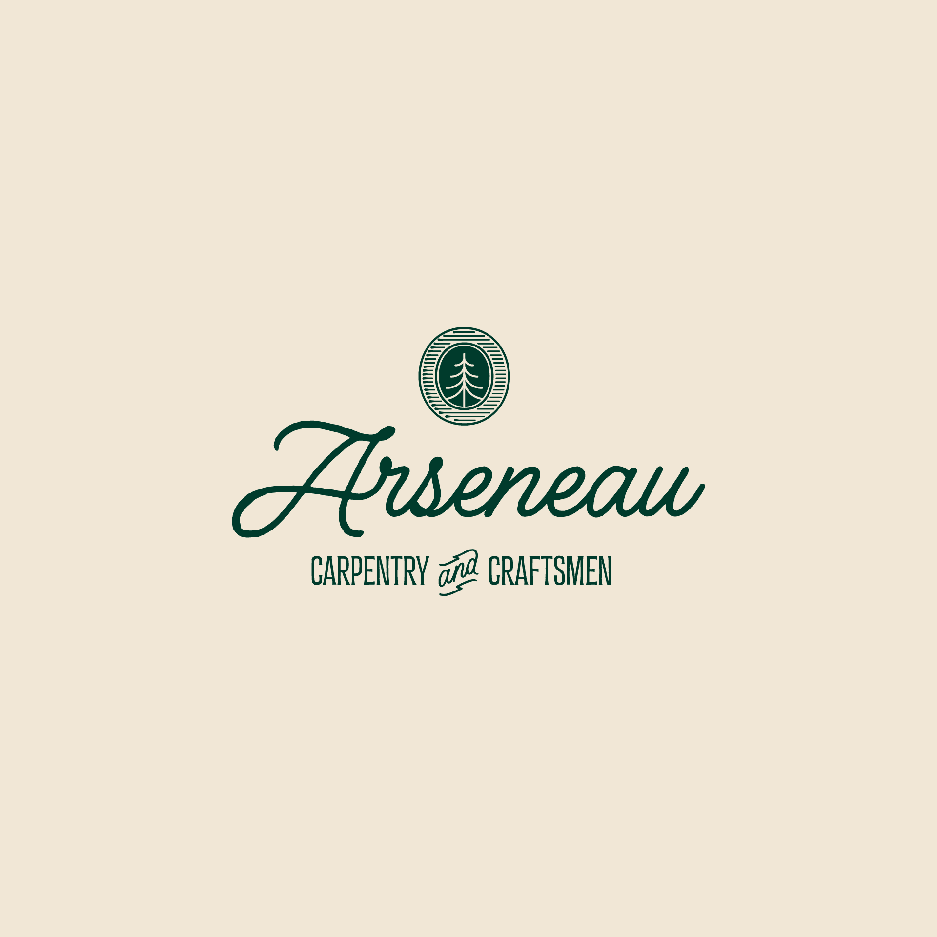 Logo of Arseneau Carpentry and Craftsmen featuring a tree emblem and elegant script on a beige background.