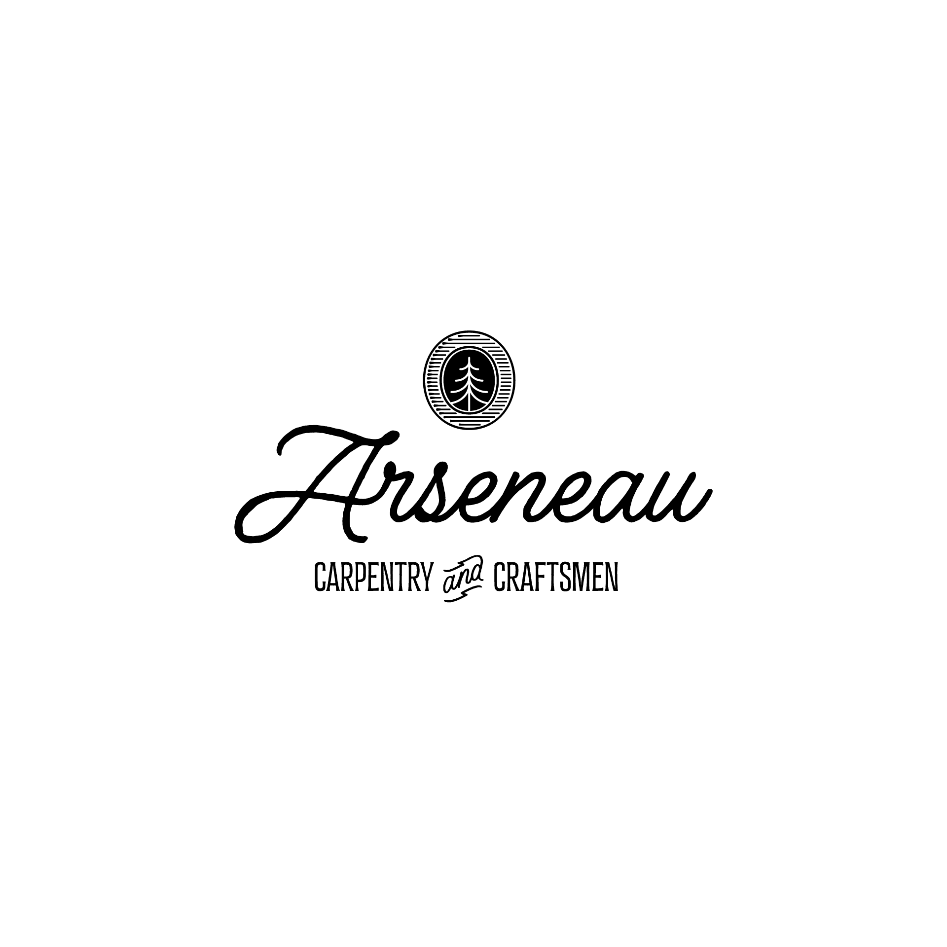 Arseneau Carpentry logo with a circular tree symbol, elegant script, and Carpentry and Craftsmen text on green background.