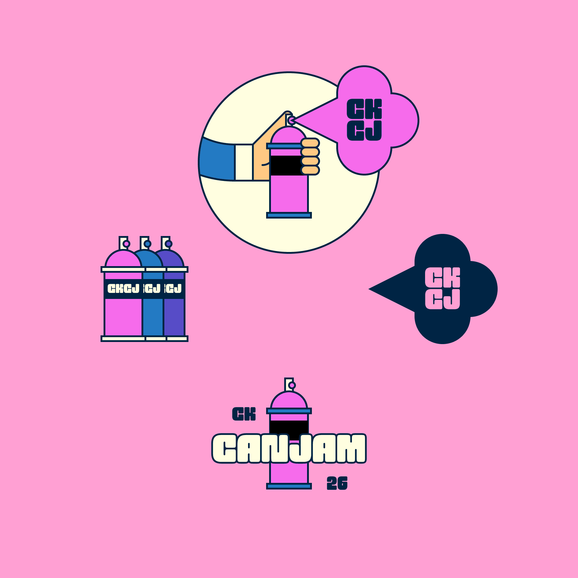 Illustrated spray cans with CK GJ cloud design on pink background, promoting CanJam 26 art event.