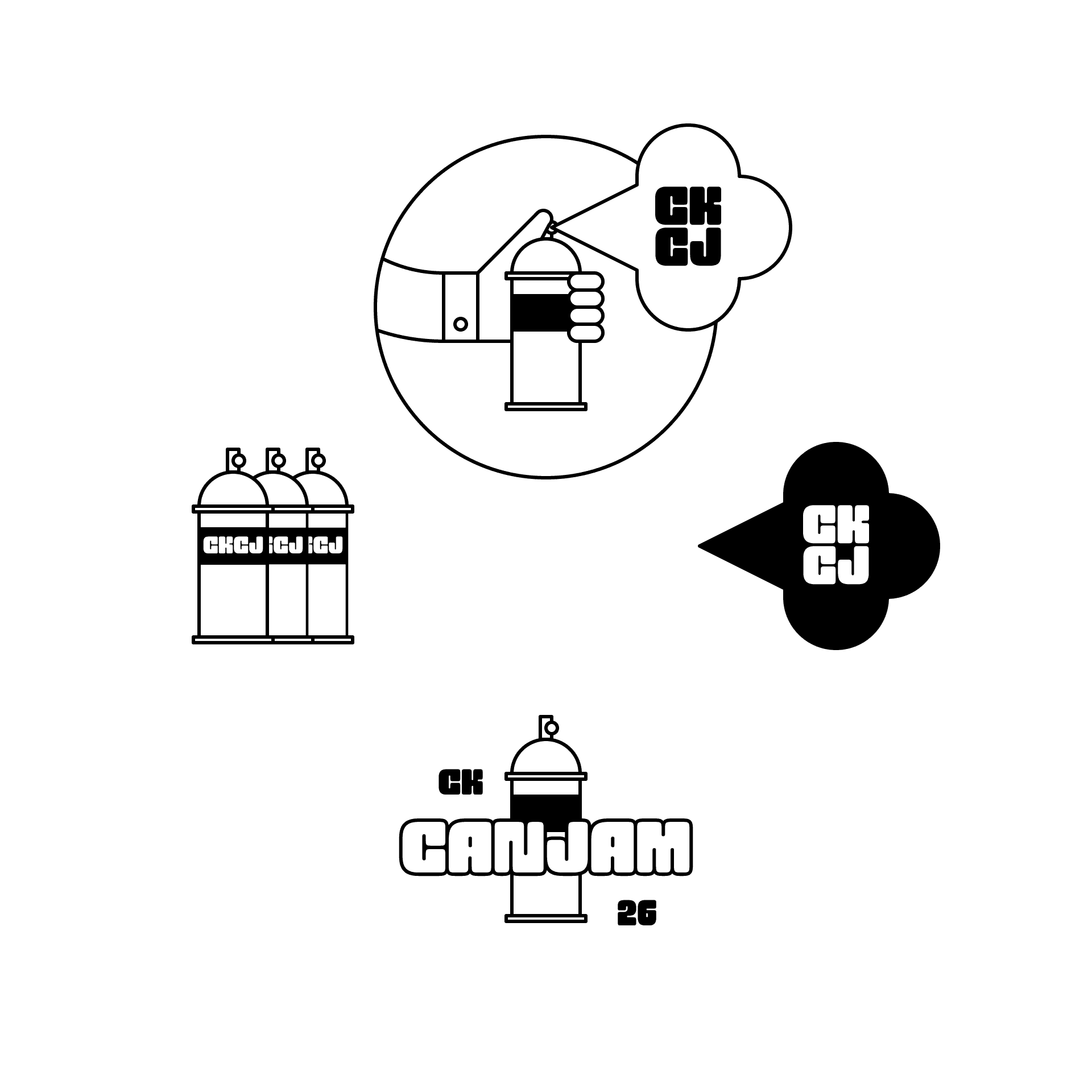 Graphic showing a hand holding spray paint with CKCJ logo, featuring 'Can Jam 26' text and spray cans.