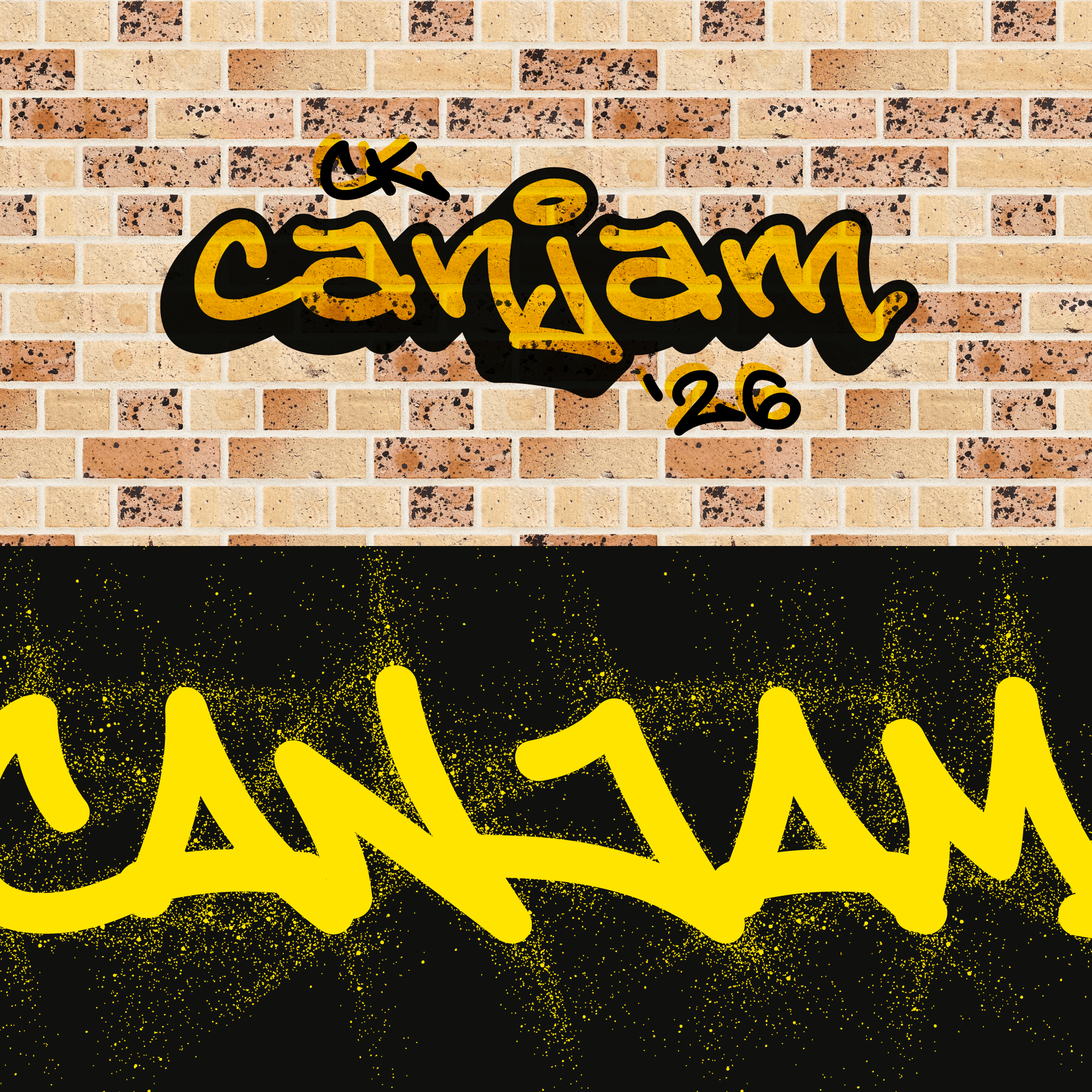 Graffiti art with Canjam '26 in yellow on brick and black backgrounds. Urban street style design.