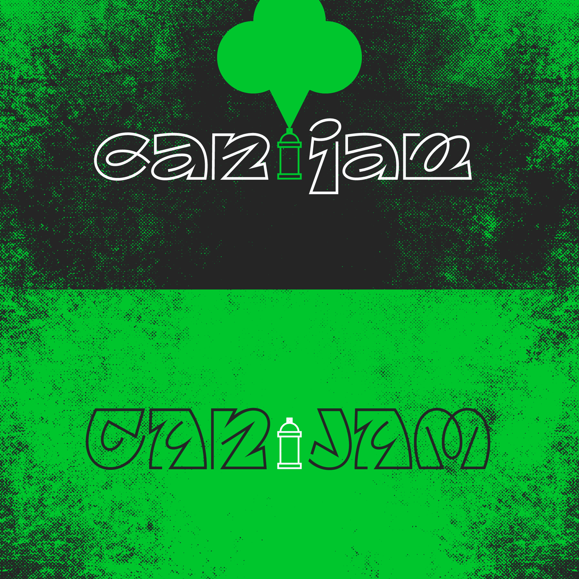 Canjam logo on green and black grunge texture with a stylized spray can design.