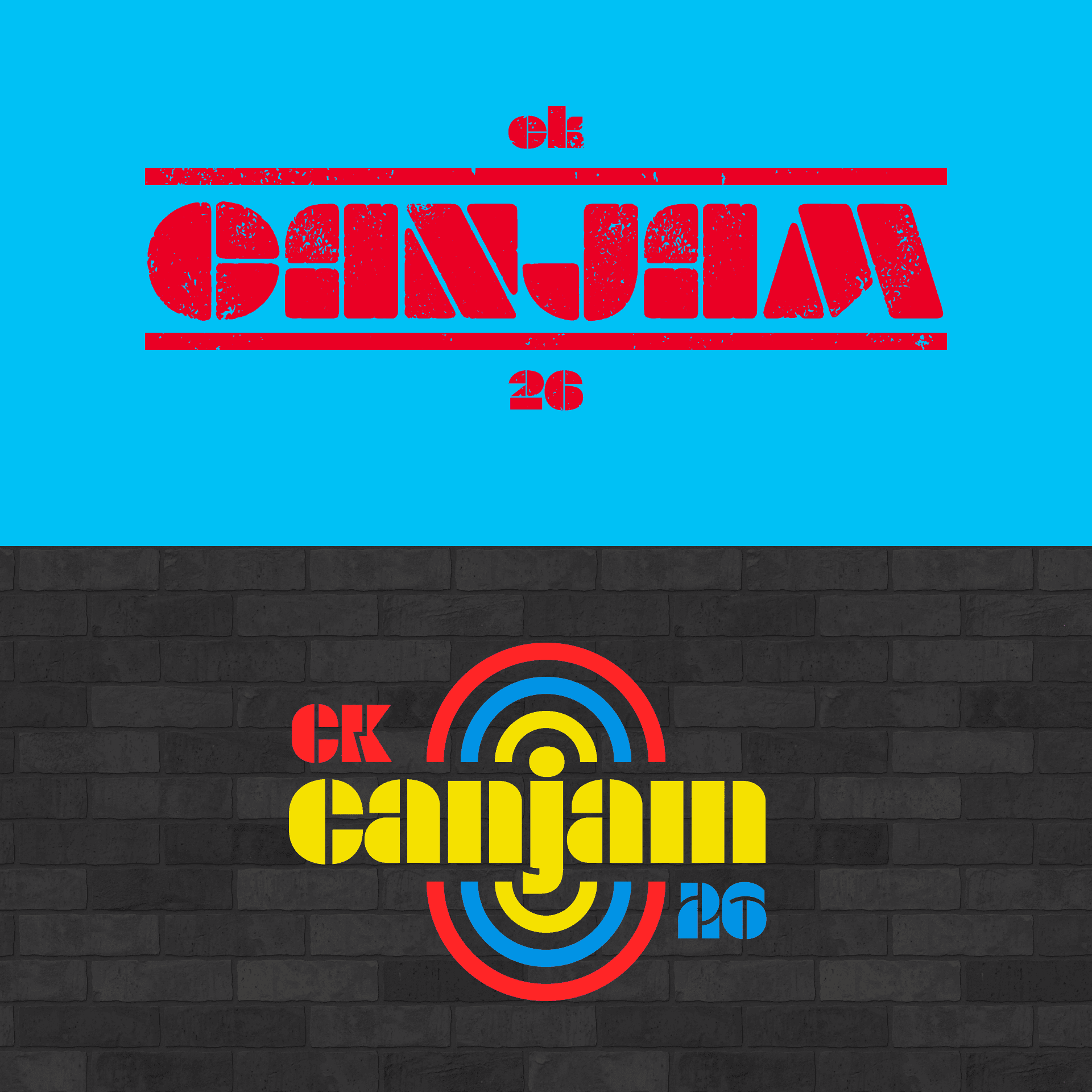Bold vintage and modern CanJam 26 logos on blue and black backgrounds, contrasting red, yellow, and blue designs.