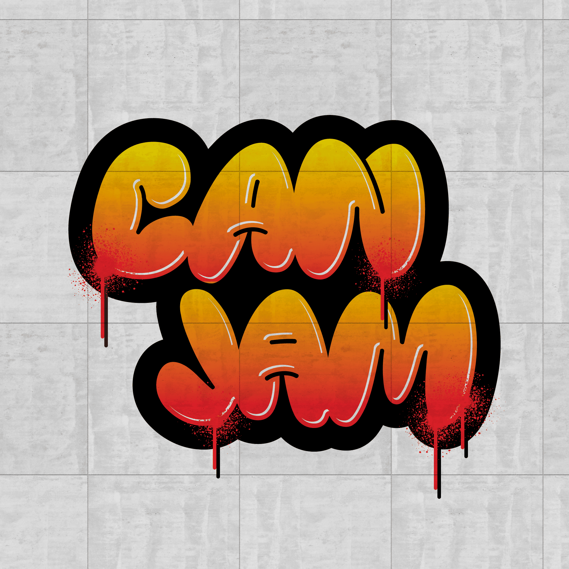 Graffiti-style text Can Jam with a gradient orange and red color on a gray tiled wall background.