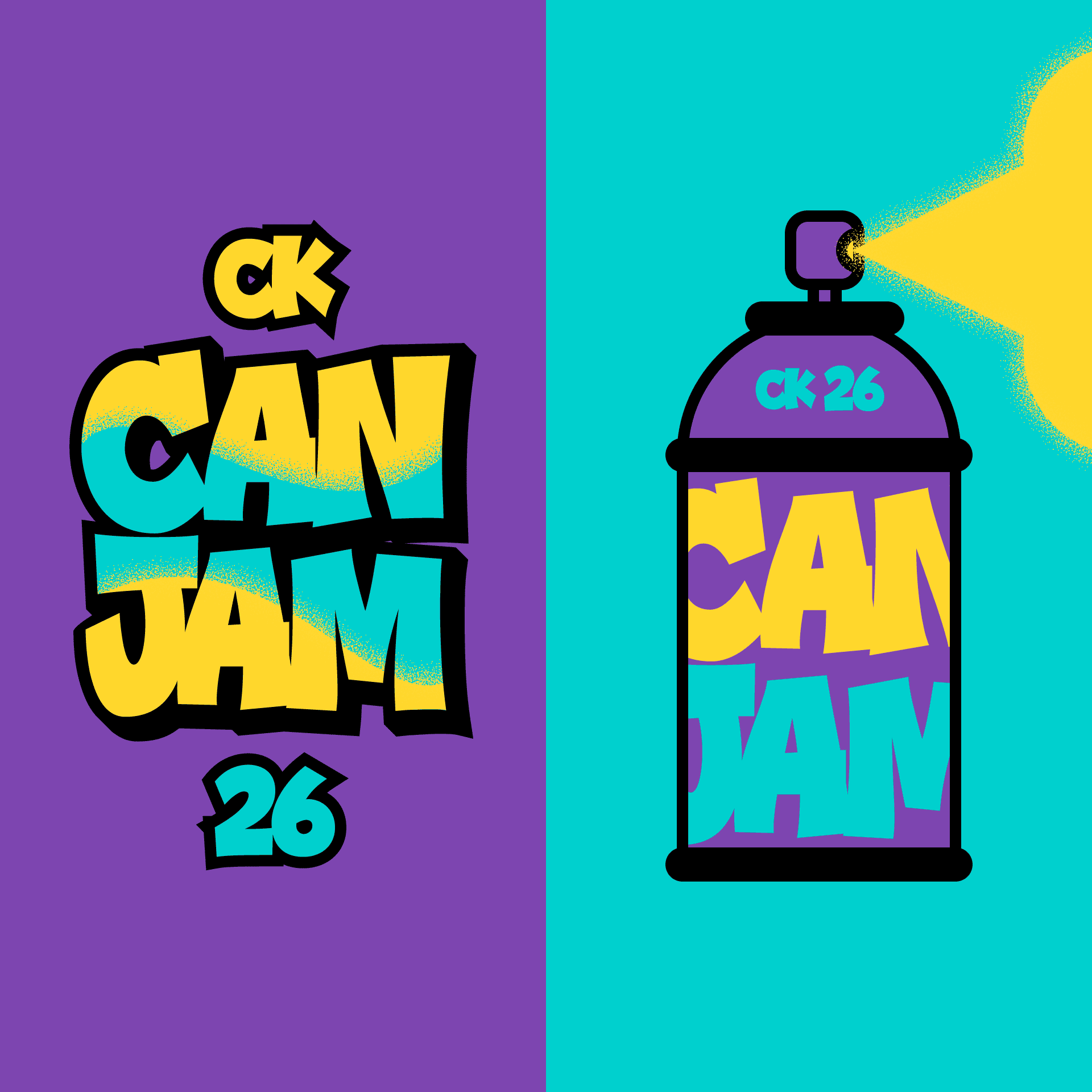 Colorful CK Can Jam 26 graffiti logo with spray paint can and bright design on split purple and teal background.
