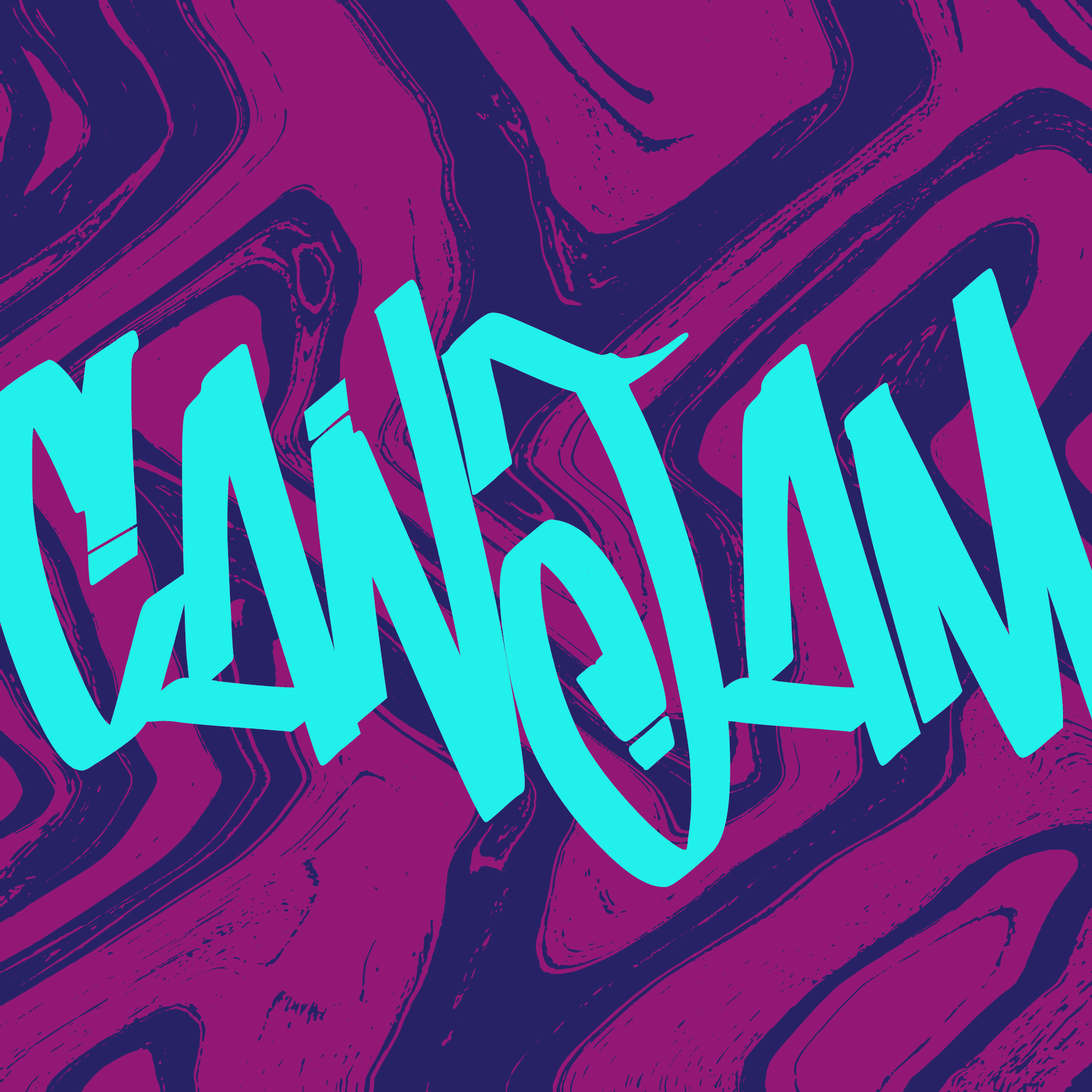 Vibrant abstract graffiti art with bold turquoise lettering on a dark pink marbled background.