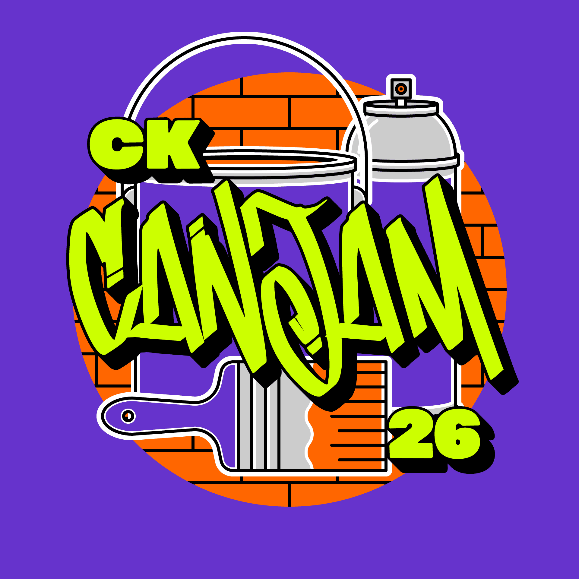 Colorful graffiti-inspired CanJam 26 logo with paint can, brush, and spray can on a vibrant purple background.