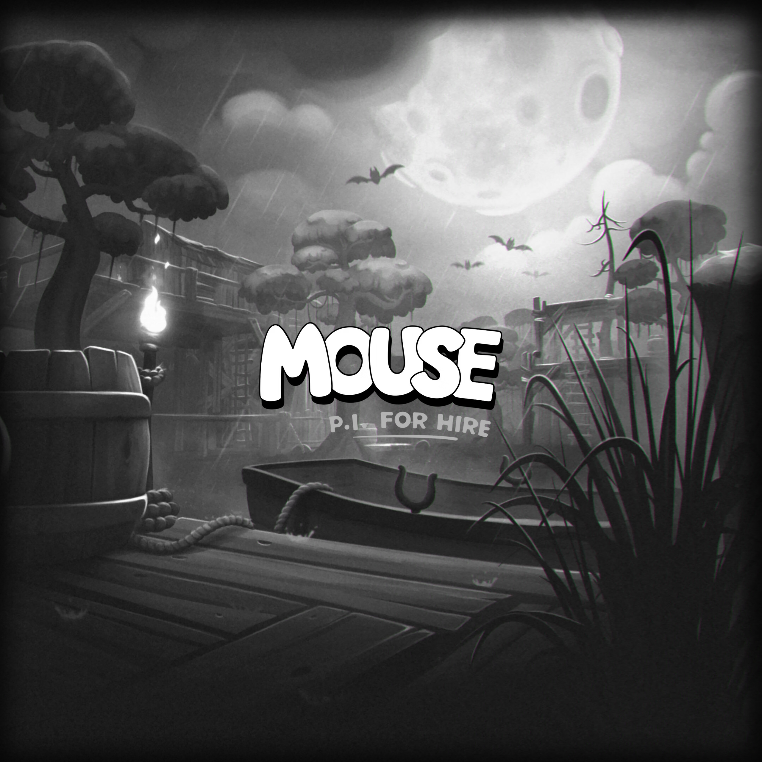 Black and white cartoon noir scene, Mouse P.I. text, dock with boat, spooky trees, bats, and a large moon.