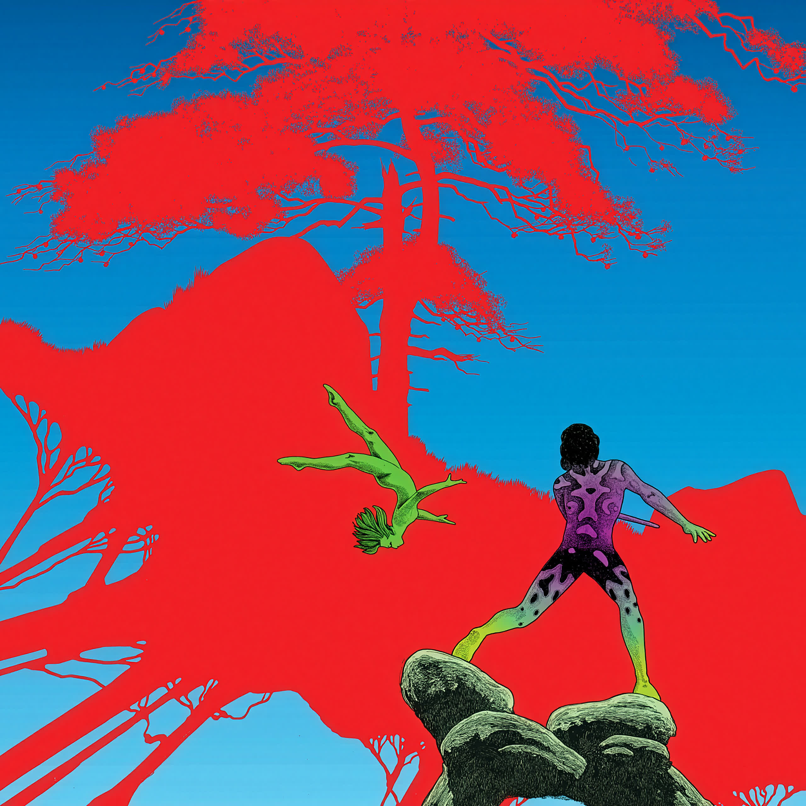 the-rural-post-roger-dean-featured-image-alt Surreal art with vibrant red landscape, two abstract figures: one leaping and another standing, against a blue sky.